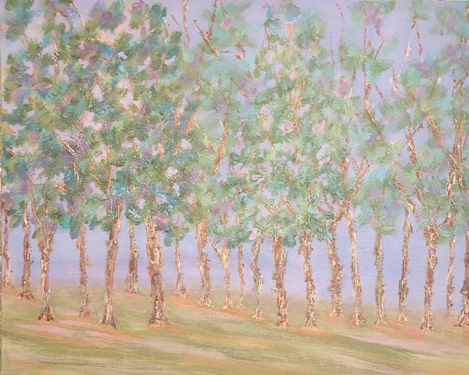 "Twilight Trees" Contemporary Impressionist Style Landscape Painting by Deb Bossert: This gorgeous landscape painting is titled "Twilight Trees" and is size 8" x 10". This unique and beautiful artwork has colorful trees and sky in the background and a grassy slope in the foreground.
