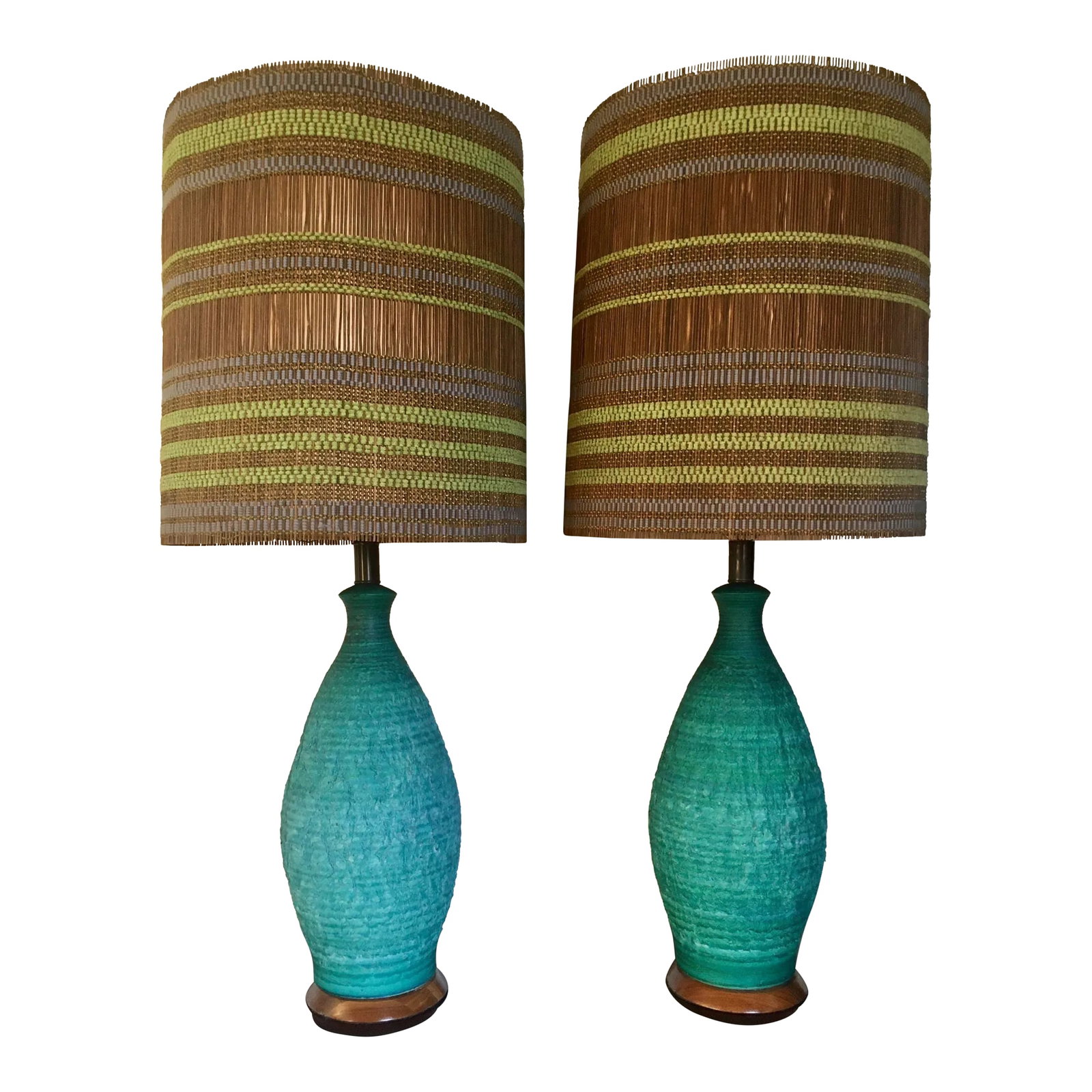 1960s Quartite Sea Green Lamps With Maria Kipp Lampshades: Dramatic pair of large lava finish mid-century modern lamps by Quartite Lamp Corp. These vintage 1960s lamps come complete with their original shades designed and woven by Los Angeles textile