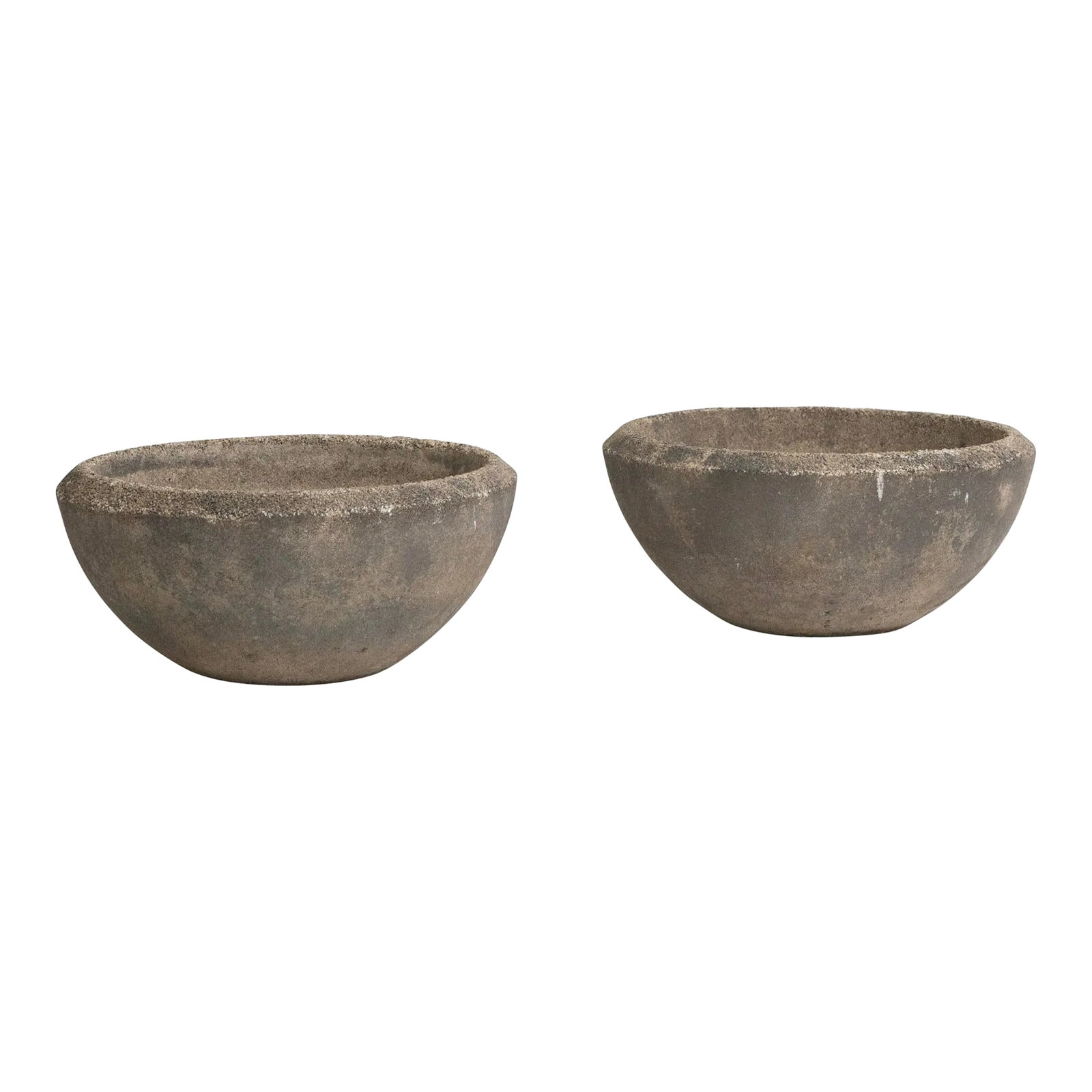Mid Century Concrete Cast Stone Planters - a Pair: A pair of mid century concrete cast stone planters. Half globe silhouettes. Drainage holes. Darkened weathered patina. Condition: Alterations: Original Condition Unaltered Imperfections: Some