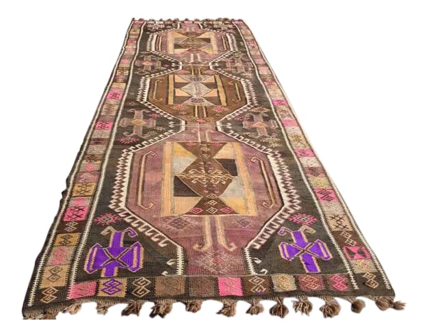 Vintage Turkish Kilim Rug -- 5' x 14'7": This beautiful, vintage, handwoven kilim rug is approximately 60 years old. It is handmade of hand spun wool in all natural colors. It has been professionally cleaned and is ready to use. The kilim
