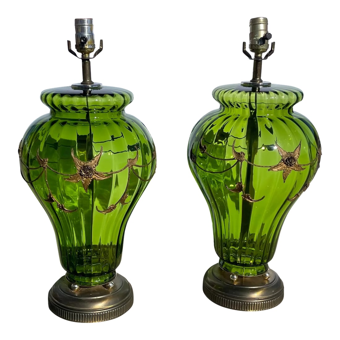 Carl Falkenstein Hollywood Regency Mid-Century Modern Green Glass Lamps - a Pair: Pair of very large mid-century modern regency green empoli verde glass table lamps with gold applique made by Carl Falkenstein. Hollywood Regency and Mid-century modern era 21" top of light socket