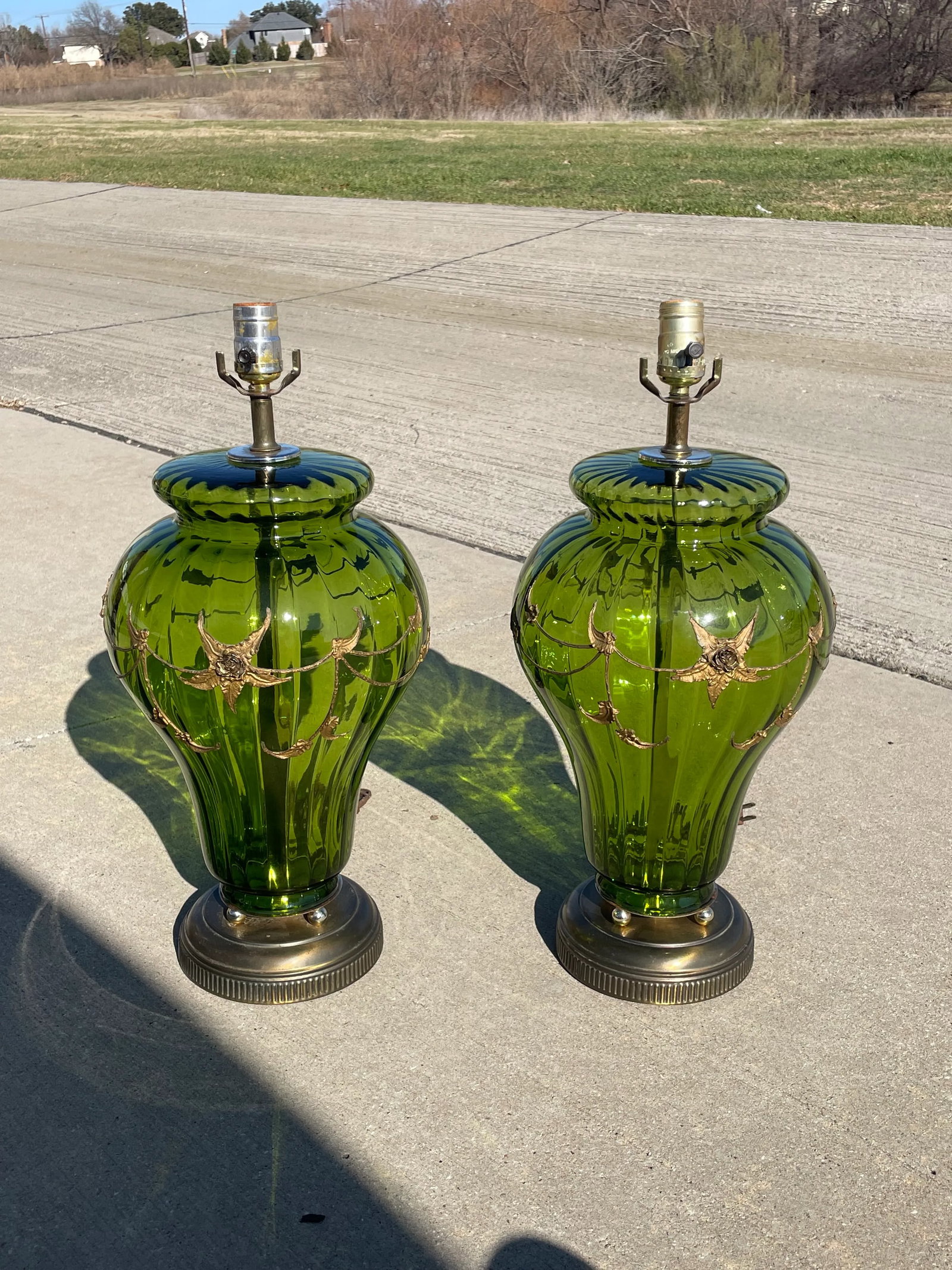 Carl Falkenstein Hollywood Regency Mid-Century Modern Green Glass Lamps - a Pair - 2