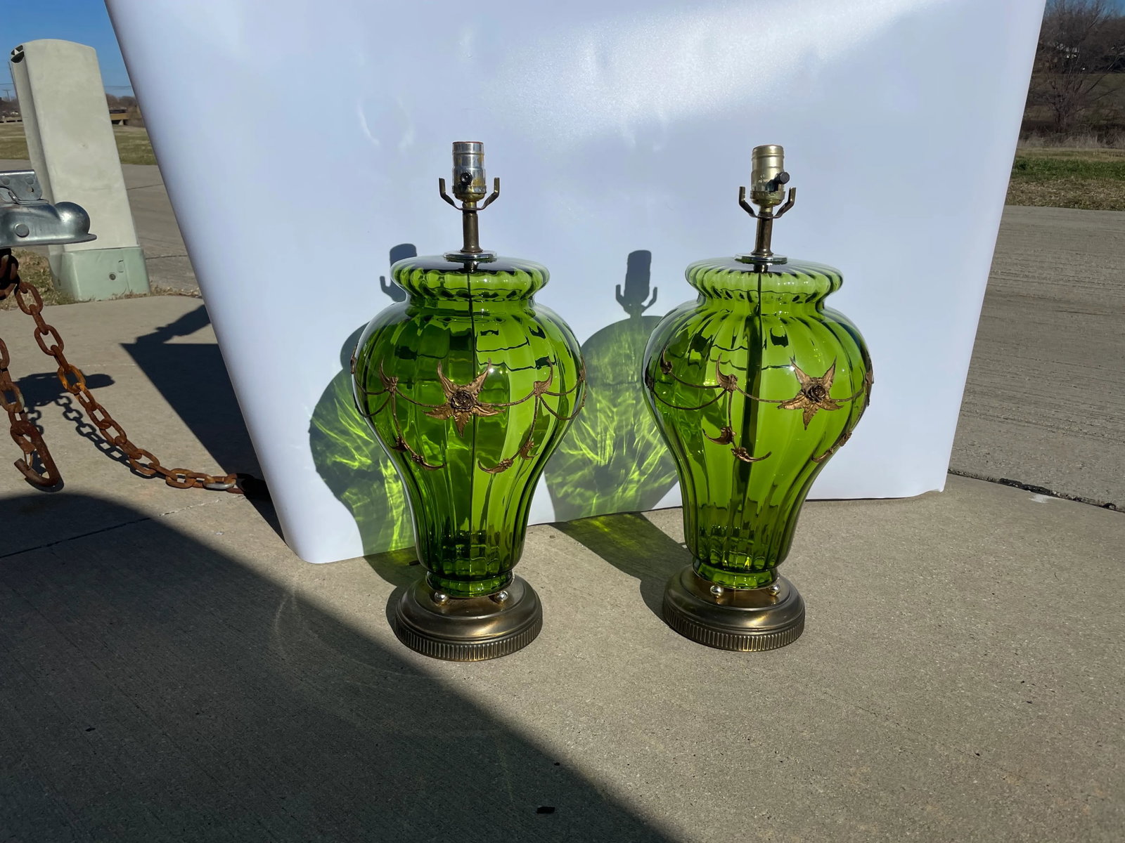 Carl Falkenstein Hollywood Regency Mid-Century Modern Green Glass Lamps - a Pair - 3