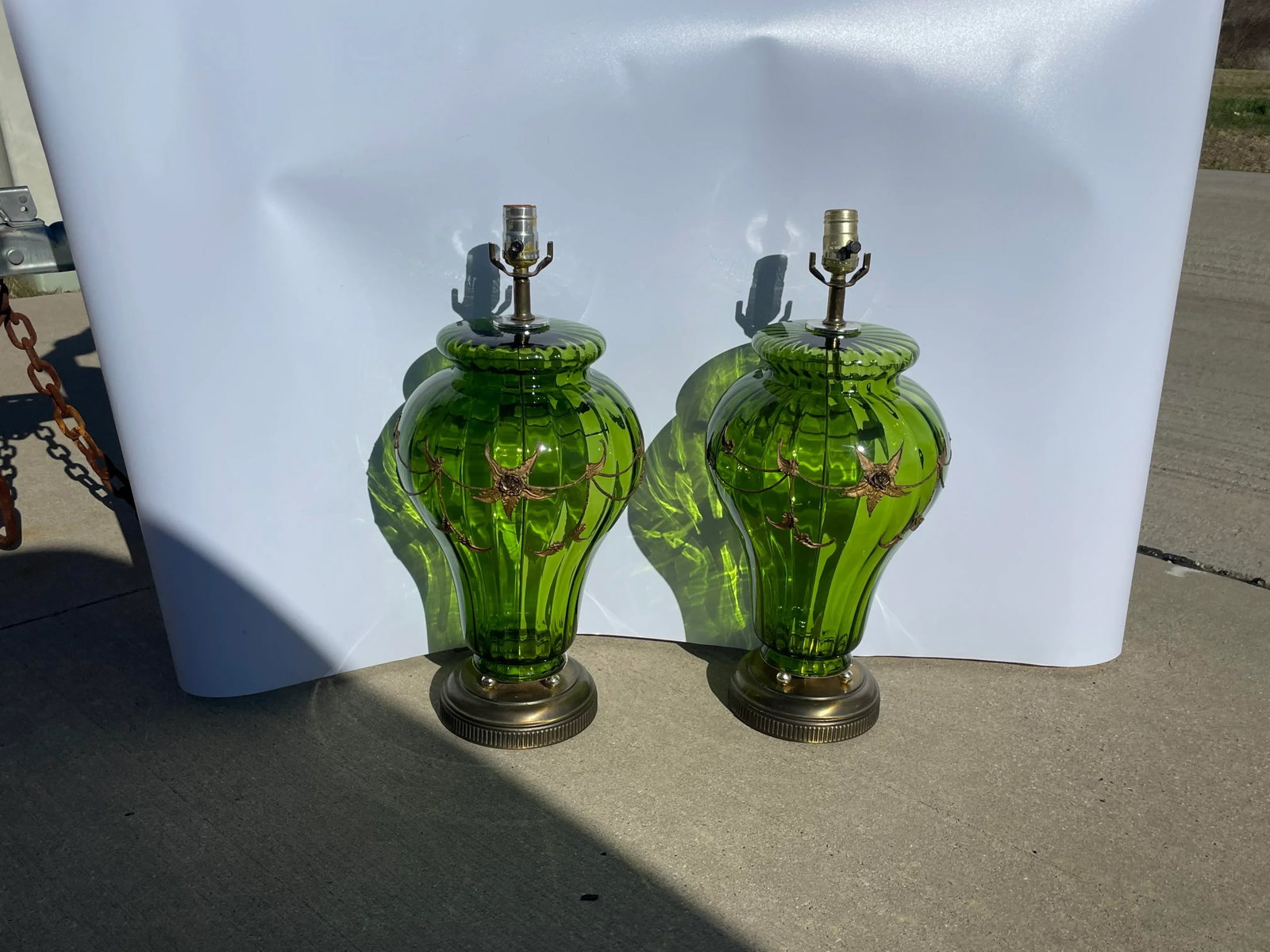 Carl Falkenstein Hollywood Regency Mid-Century Modern Green Glass Lamps - a Pair - 4
