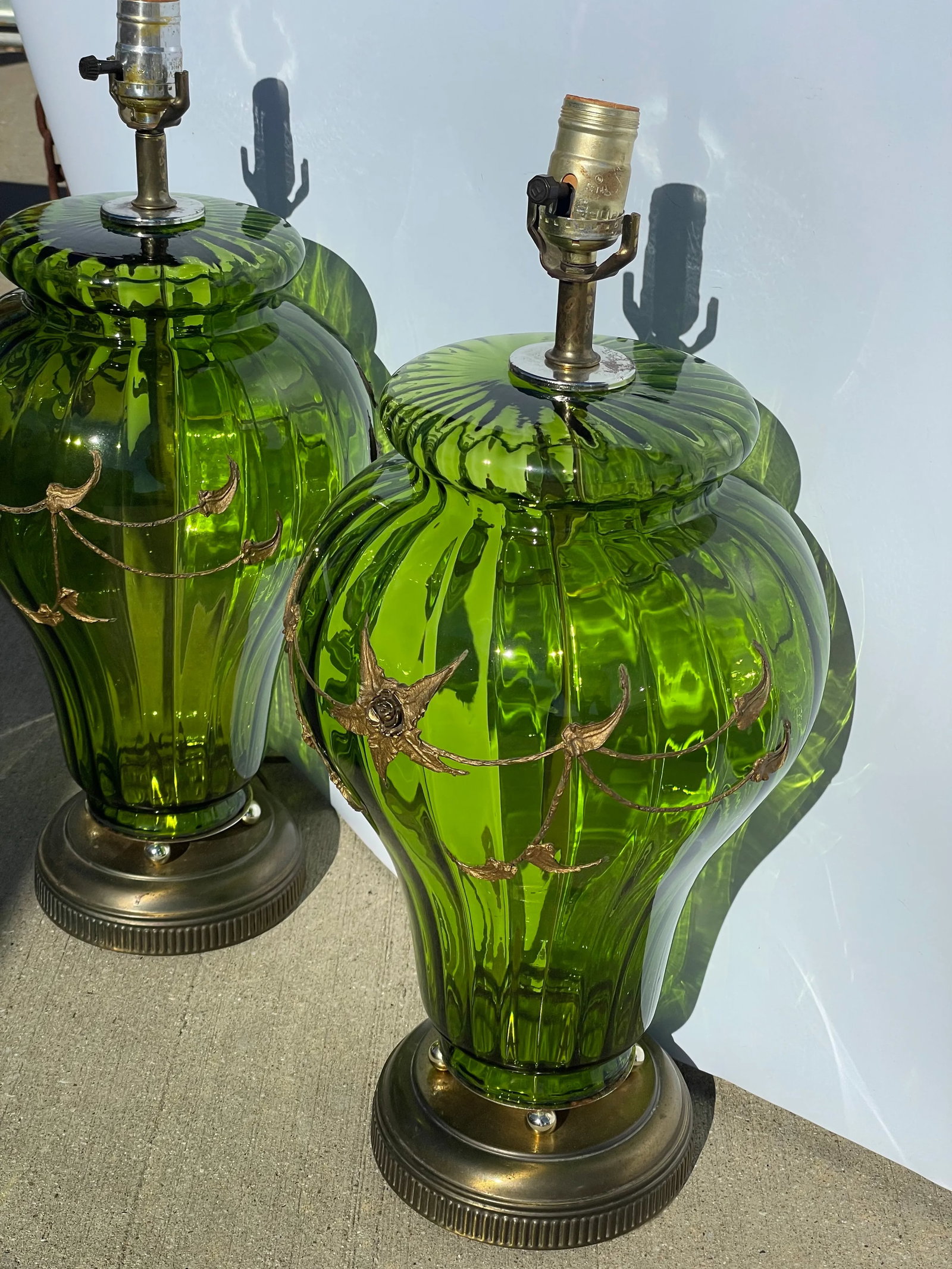 Carl Falkenstein Hollywood Regency Mid-Century Modern Green Glass Lamps - a Pair - 5
