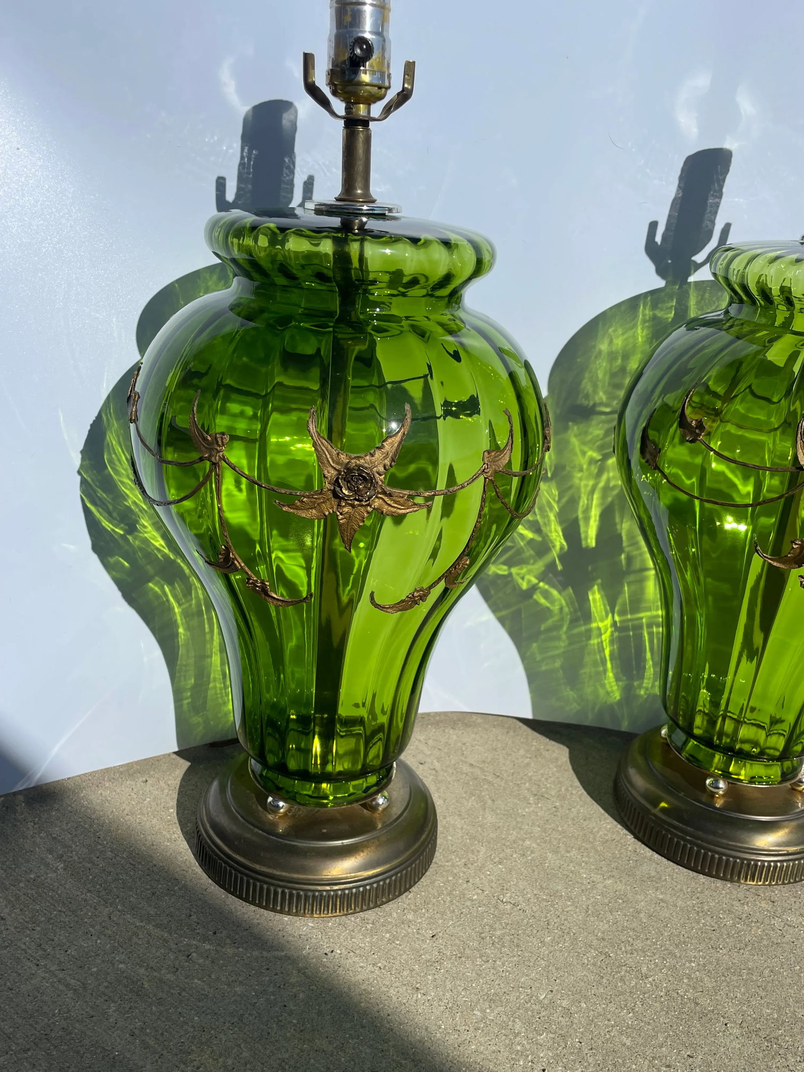 Carl Falkenstein Hollywood Regency Mid-Century Modern Green Glass Lamps - a Pair - 6