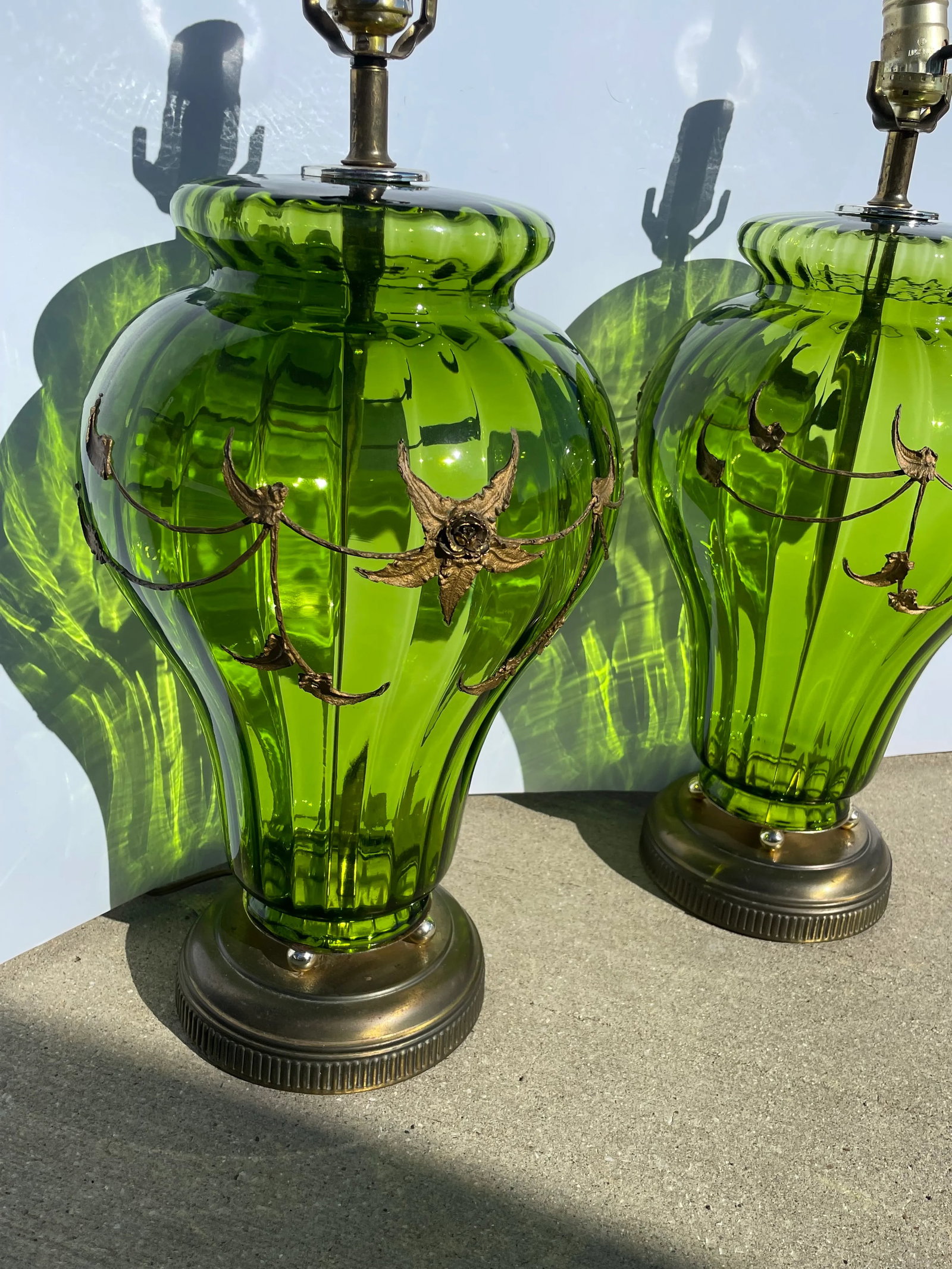 Carl Falkenstein Hollywood Regency Mid-Century Modern Green Glass Lamps - a Pair - 7
