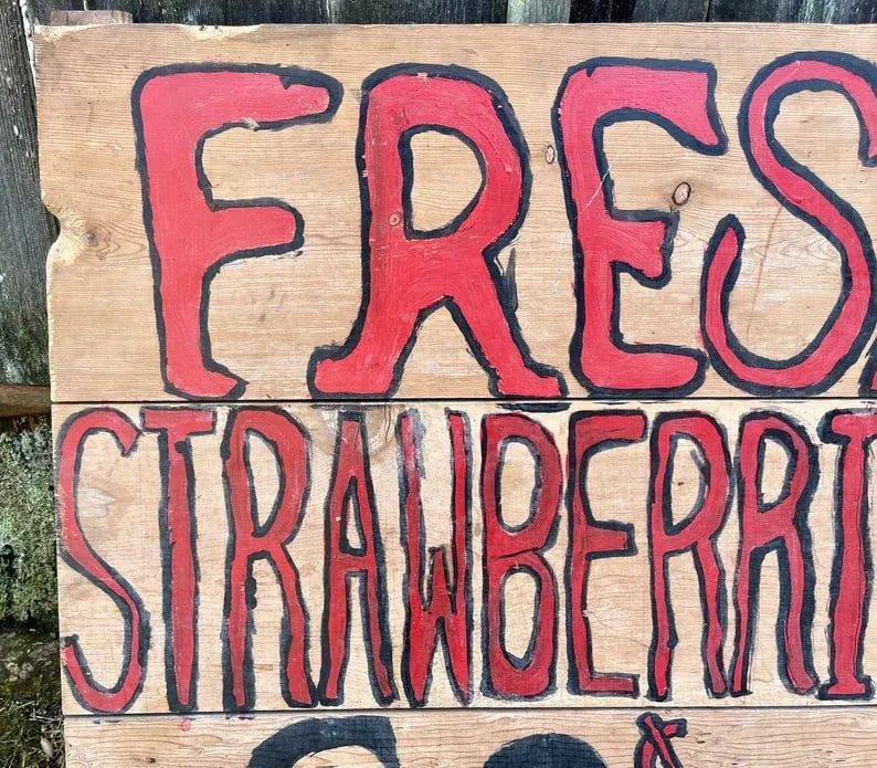 1940s Antique Rustic Hand Painted Jersey Farm Stand Strawberries Sign - 4