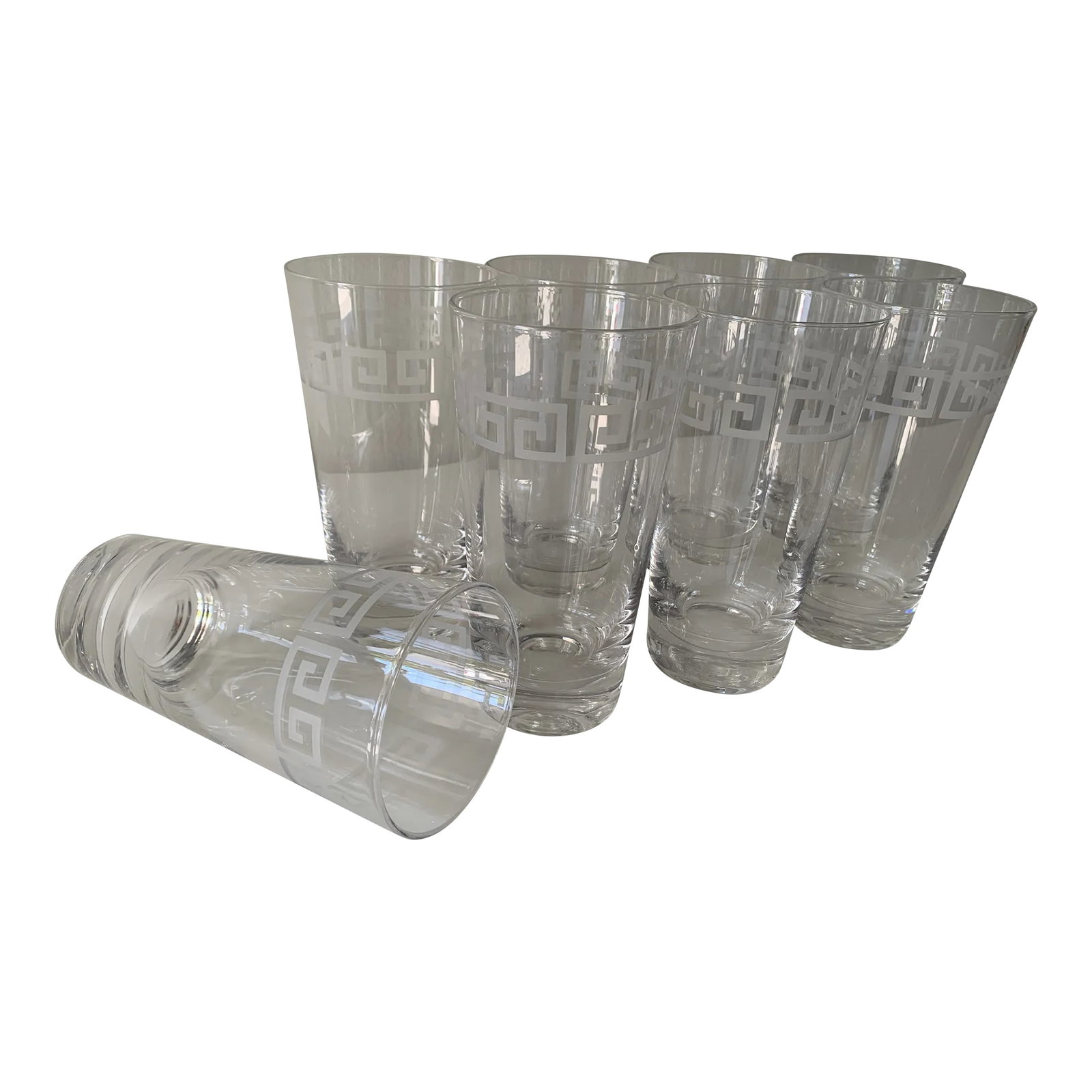 Vintage Etched Greek Key Tumbler Glasses-Set of 8: Elegant, etched, Greek key tumbler glasses. Set of eight. Good quality, heavy base. Excellent condition Condition: Alterations: Original Condition Unaltered Imperfections: Some Imperfections Condition