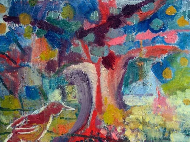 2000s "Empty Nest" Abstract Expressionist Oil Painting: A dynamic abstract painting titled "Empty Nest" by California abstract expressionist artist Kristin Cohen (American, b. 1963). Colorful and dynamic, a perfect addition for bright expressive colors