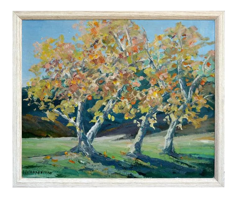 Late 20th Century "Carmel Valley Sycamores" Landscape Oil Painting, Framed: Impasto oil painting of a Carmel Valley Sycamore Grove. Presented in a wood frame. Signed lower left "H. Vanderhoof." Image, 20"H x 24"L. Condition: Alterations: Original Condition Unaltered