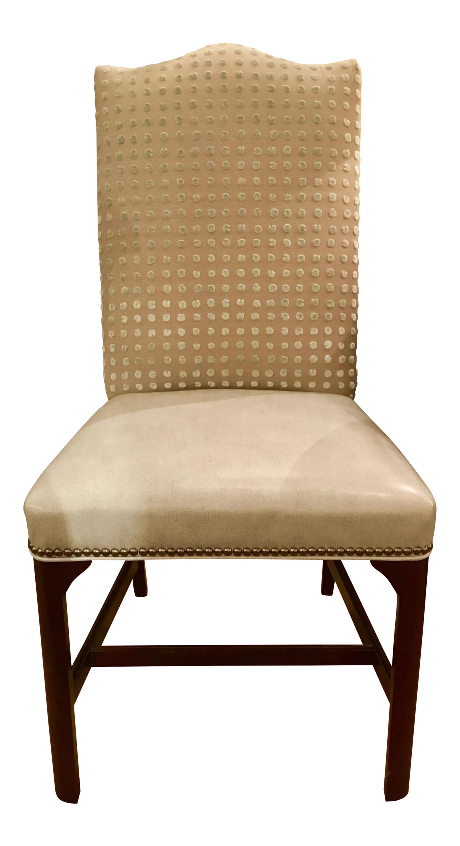Hickory Chair Transitional Soft Gray Leather and Beige Linen Side Chair: Original Retail $1400, elegant Hickory Chair side chair with a soft gray leather seat and a beige linen and light blue cut velvet detail back, antique nickel nailhead accents mahogany finished wood