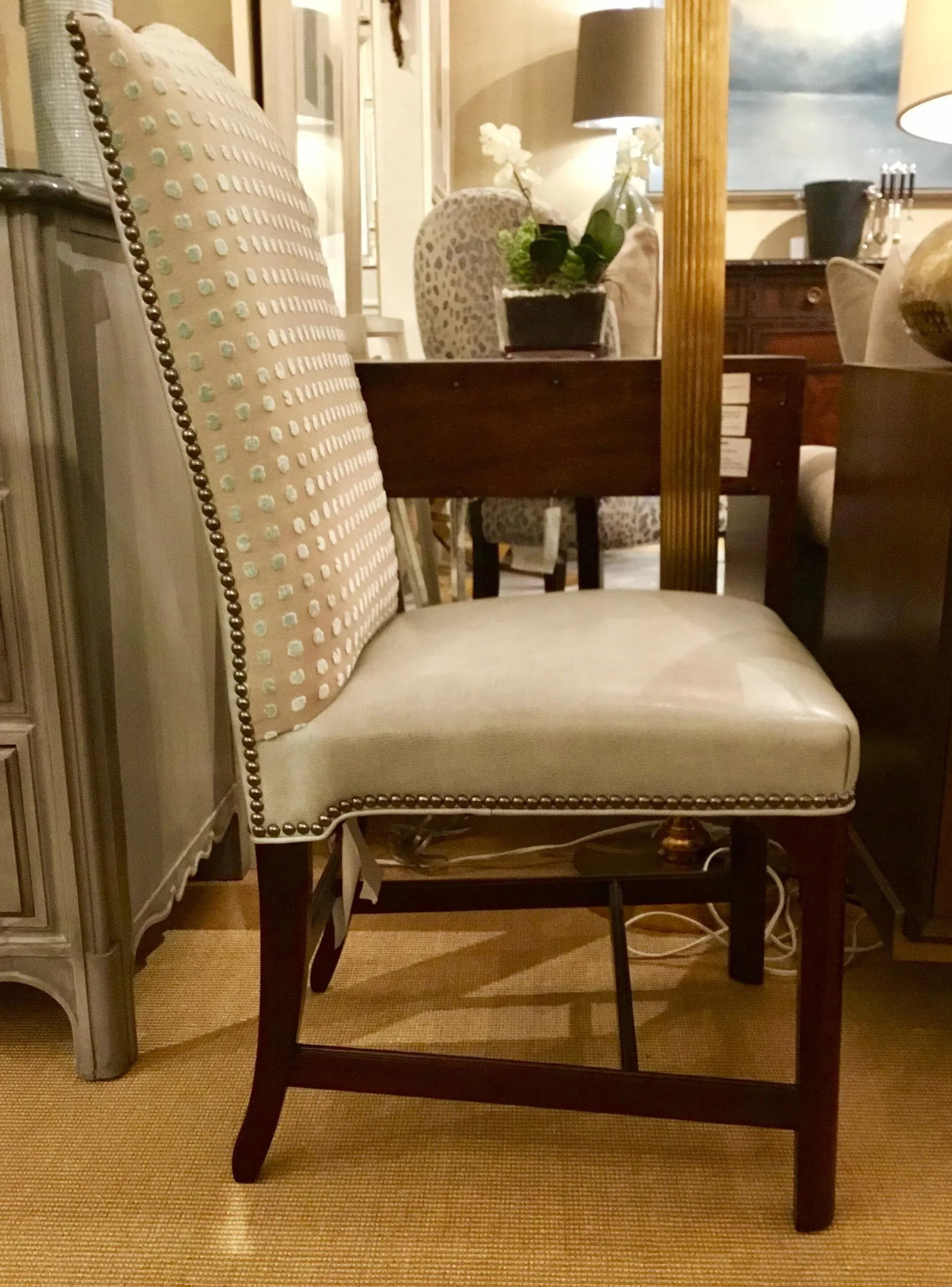 Hickory Chair Transitional Soft Gray Leather and Beige Linen Side Chair - 3