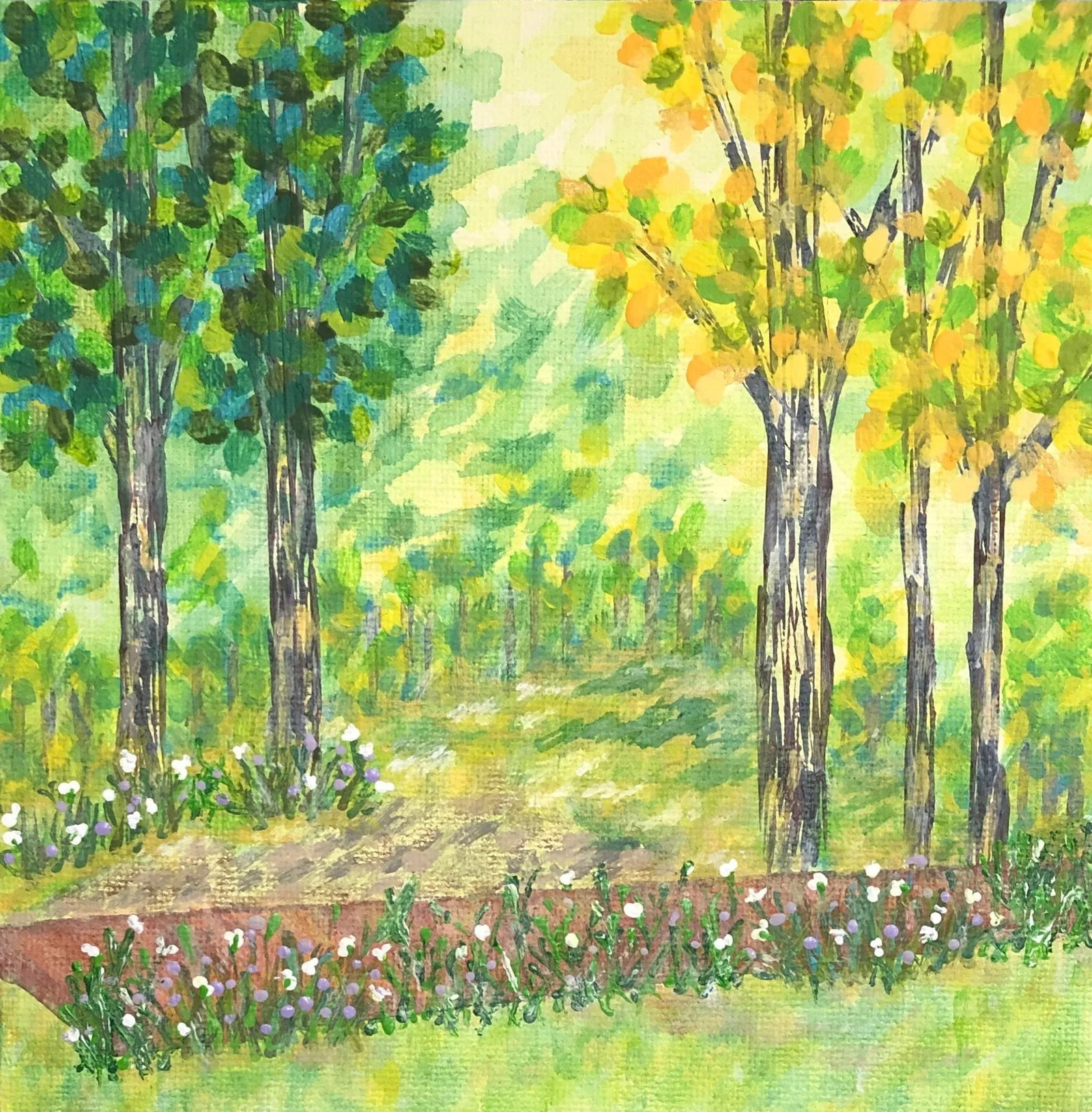 "Garden Green" Contemporary Impressionist Style Painting by Deb Bossert: This beautiful landscape painting is titled "Garden Green" and is size 6" x 6". This unique art depicts a wonderful landscape garden scene with a group of colorful trees in the background and a