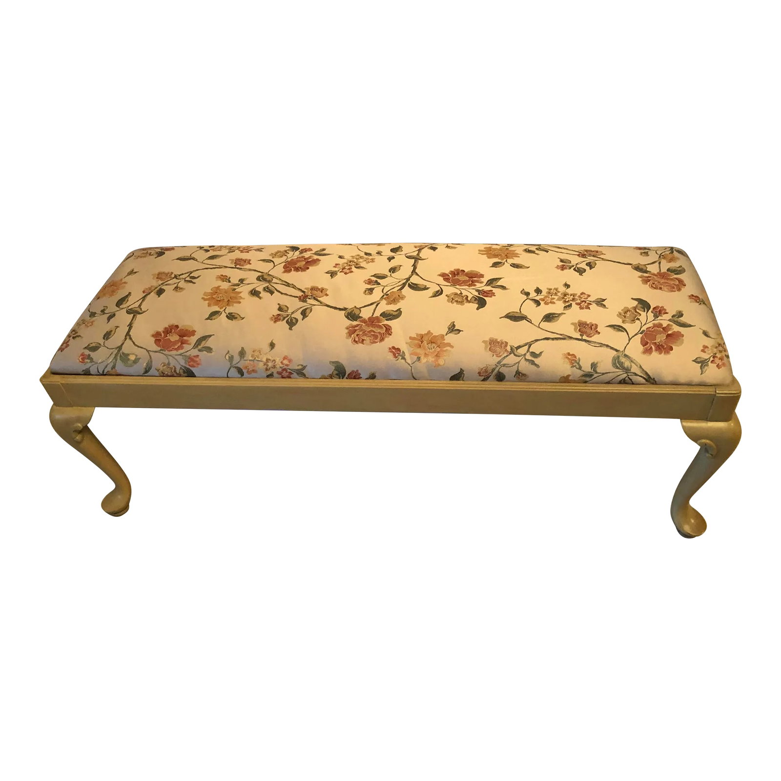1990s Ethan Allen Country French Floral Upholstered Bench: Feminine Ethan Allen Country French upholstered bench with a floral pattern on silver upolstery . Queen Anne legs , measuring 49 w x 17.5" d x18.5" h Circa 1990 Ideal companion for the end of the bed