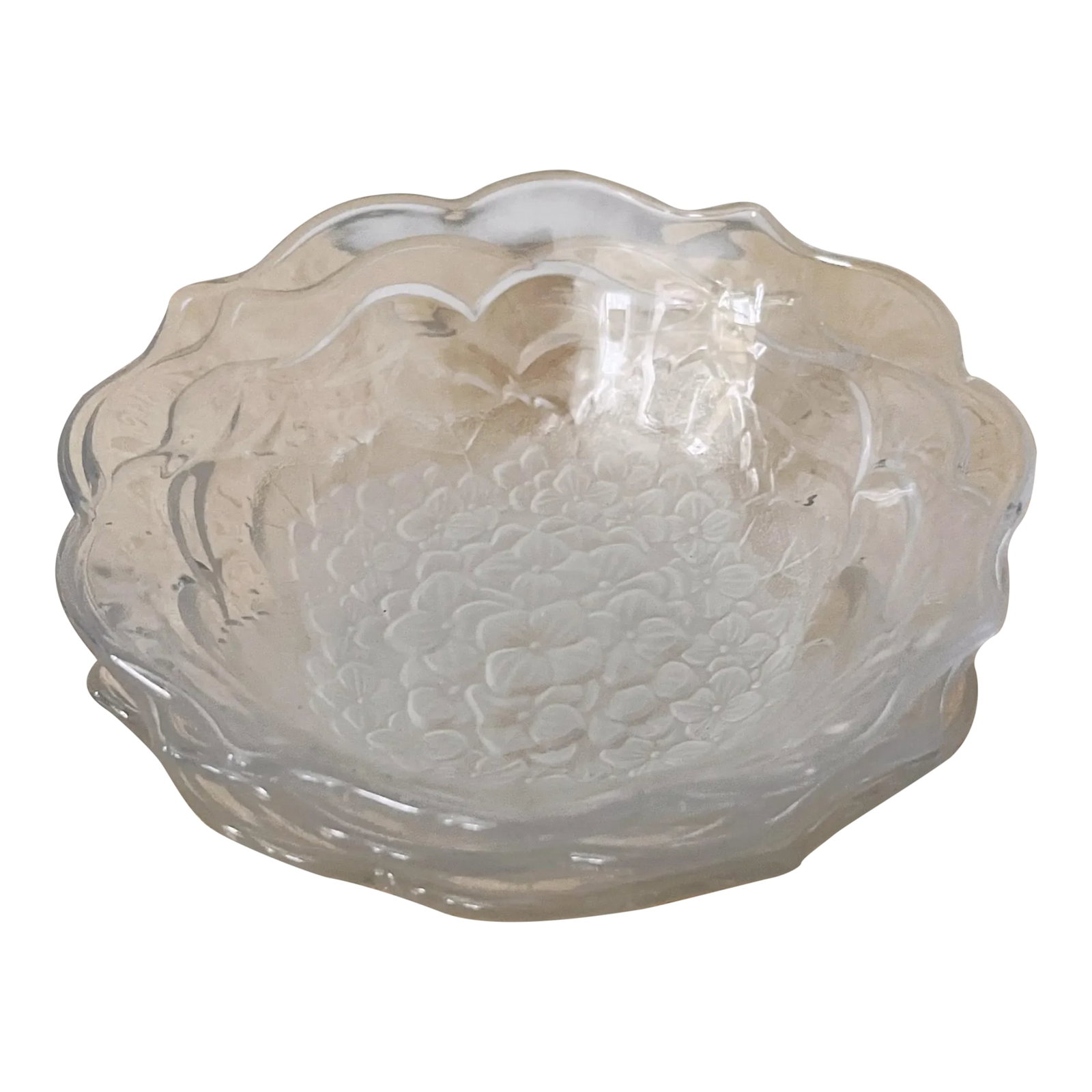 Vintage Mid-Century Modern Small Glass Floral Motif Bowls - Set of 3: Vintage Mid-Century Modern small glass floral motif bowls - set of 3. Scalloped edge shape, embossed floral and leaf motif texture on exterior bottoms of the bowls, with a subtle frosted effect on