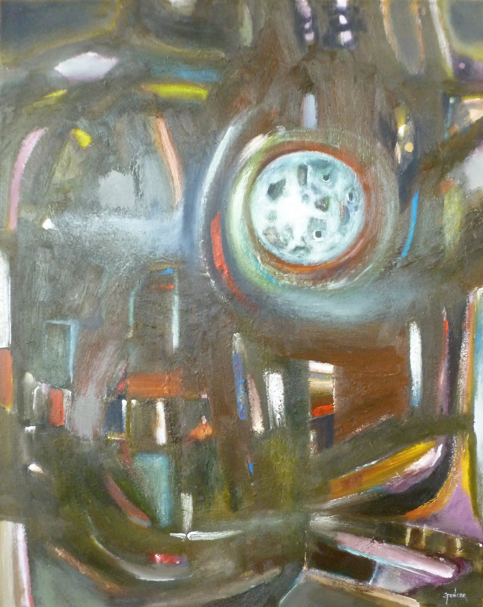 "Moon Over Los Angeles" Abstract Oil and Acrylic Cityscape Painting by Scott Spencer: A full moon shines bright over the big city. Original oil and acrylic painting on stretched canvas. Condition: Imperfections: No Imperfections Origin: United States Materials & Techniques: