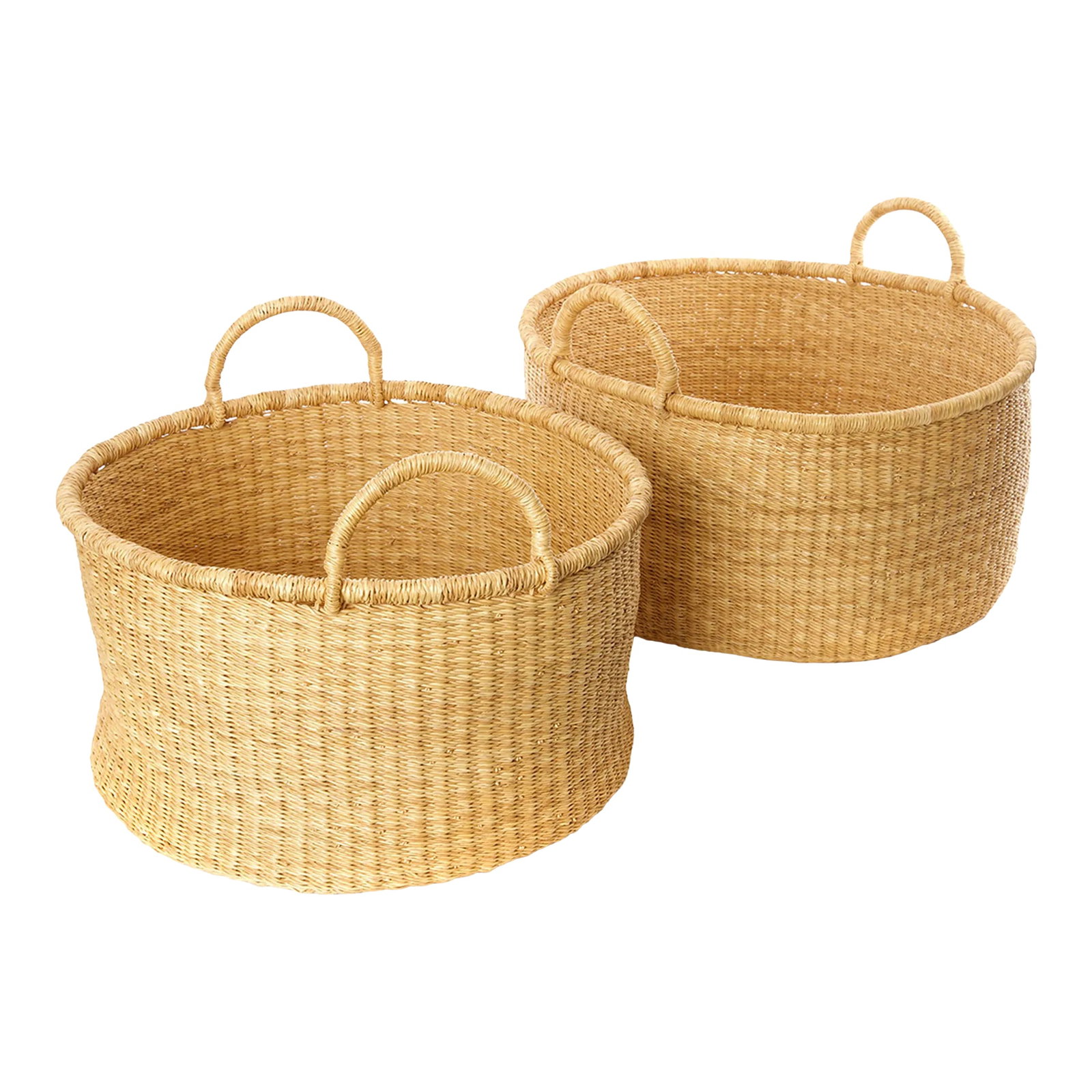 Natural Woven Grass Basket / Set of 2: Description Basket weavers in Ghana, West Africa, weave together twisted strands of tough elephant grass to create a set of storage baskets with ample dimensions. Each all-natural basket has a set of