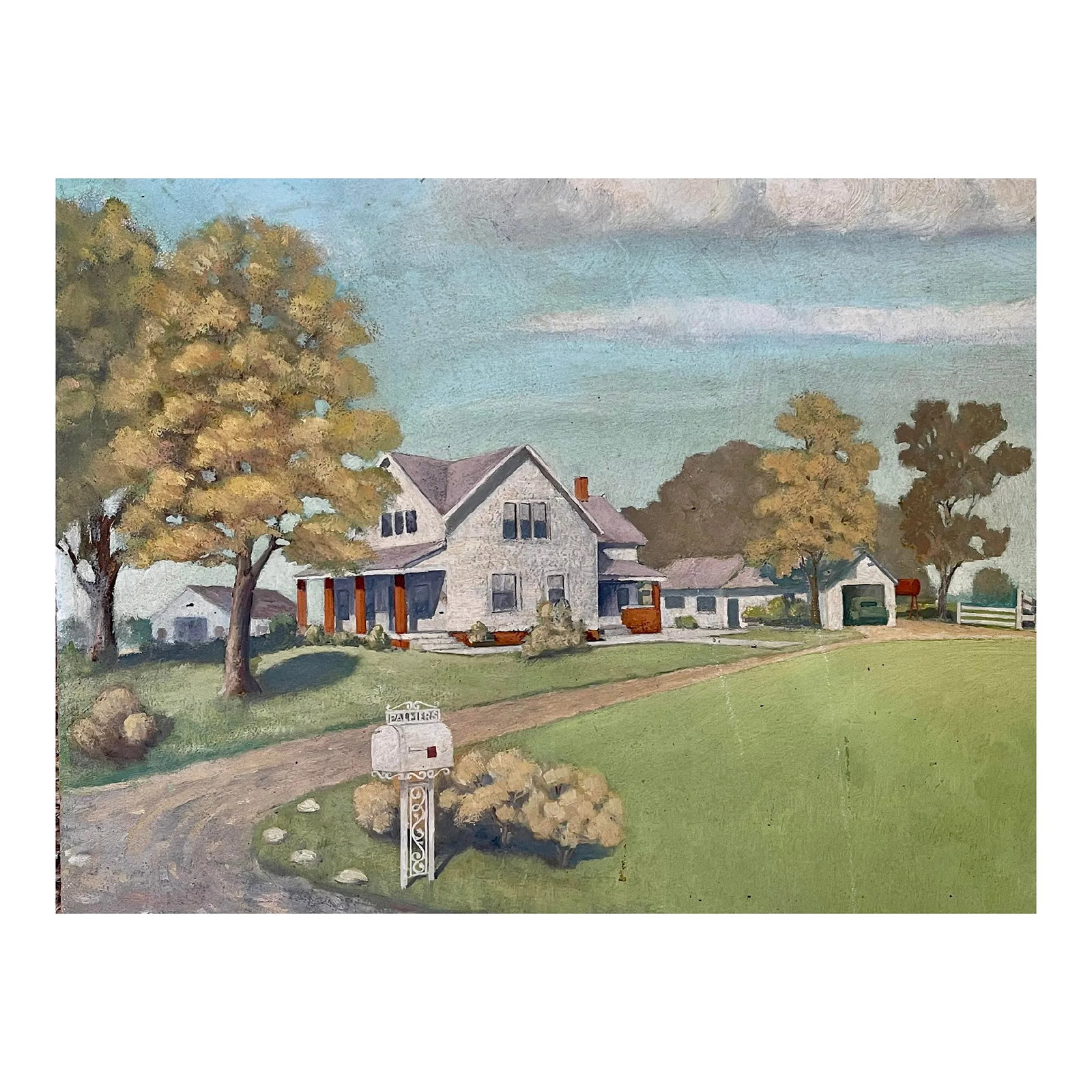 Vintage Americana Pastoral Countryside Painting: Charming vintage pastoral landscape painting depicting a quiet country homestead set along a winding dirt drive. The composition features a white farmhouse framed by mature trees, a small