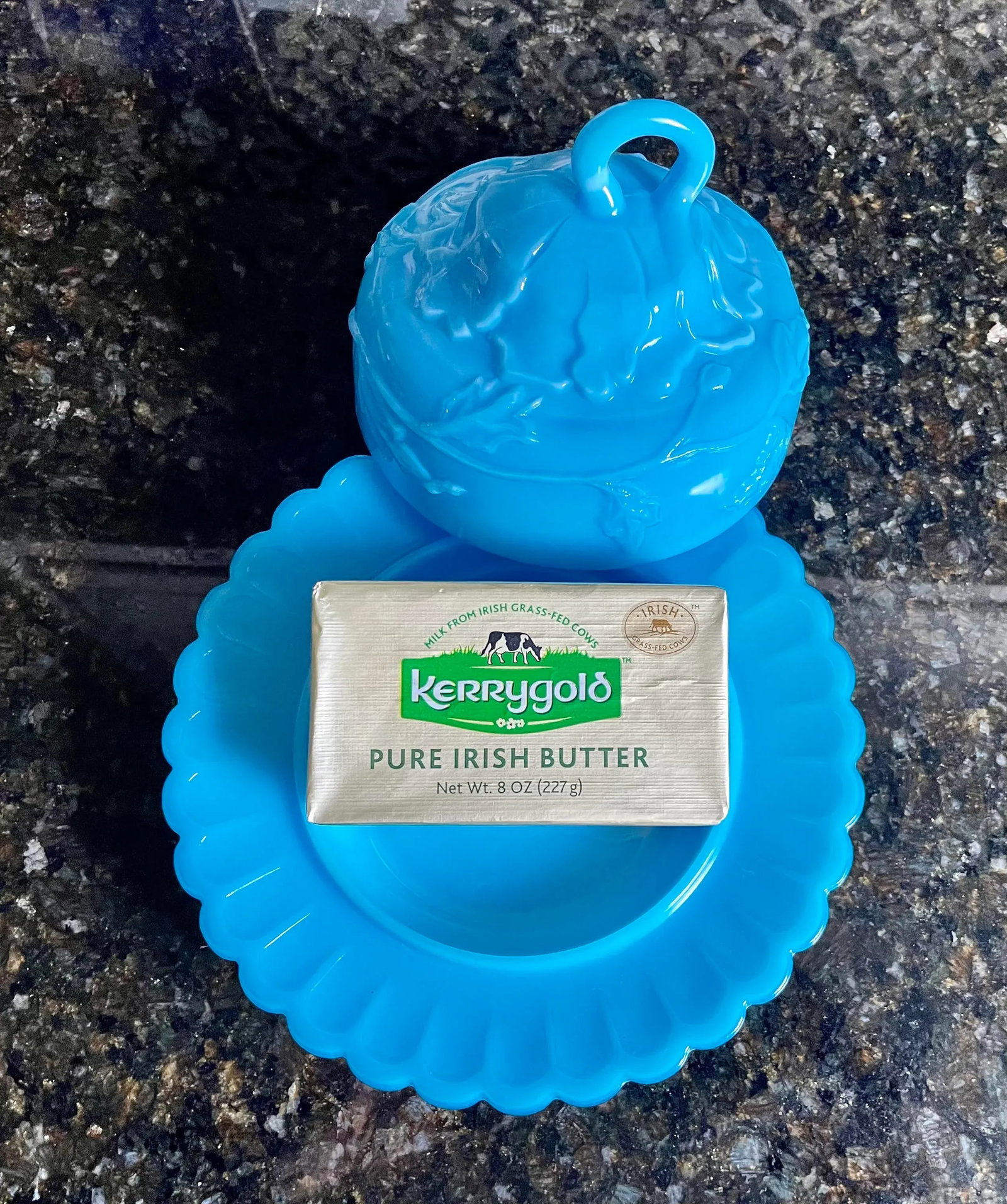Vintage Turquoise Blue Milk Glass Butter-Cheese Dish - 10