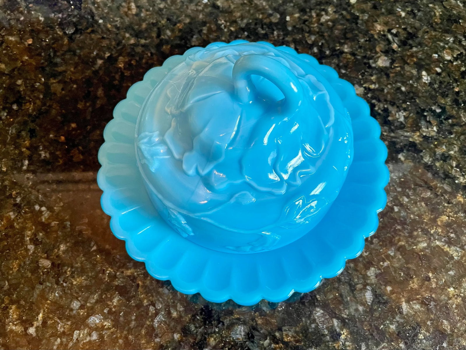 Vintage Turquoise Blue Milk Glass Butter-Cheese Dish - 11