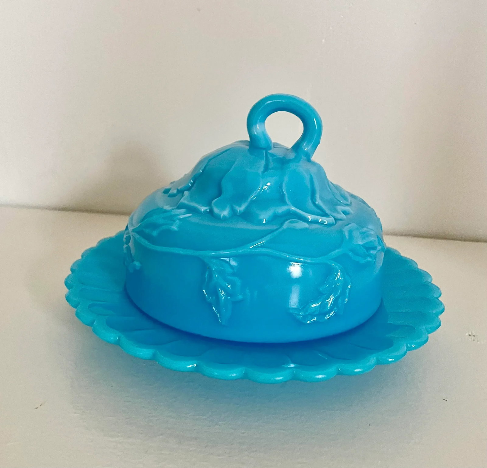 Vintage Turquoise Blue Milk Glass Butter-Cheese Dish - 12