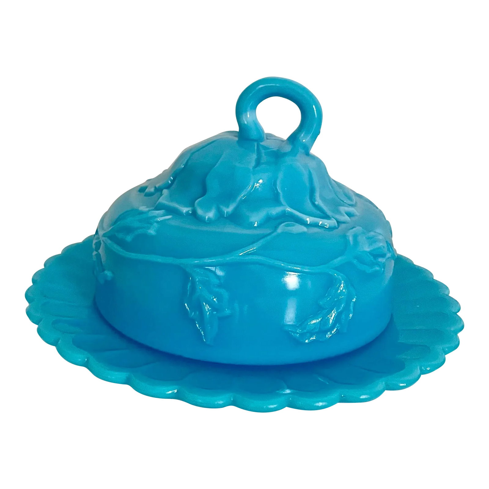 Vintage Turquoise Blue Milk Glass Butter-Cheese Dish: Pennsylvania antiquing and found this lovely vintage turquoise blue butter/cheese dish with decorative floral, vine, and unique handle. It's so pretty you may just want to put it on display There are 