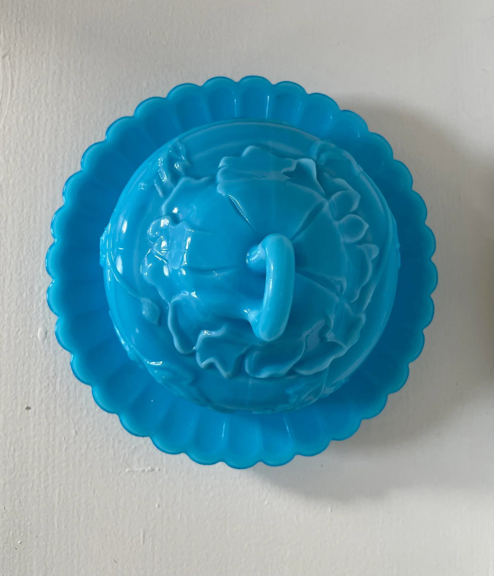 Vintage Turquoise Blue Milk Glass Butter-Cheese Dish - 2