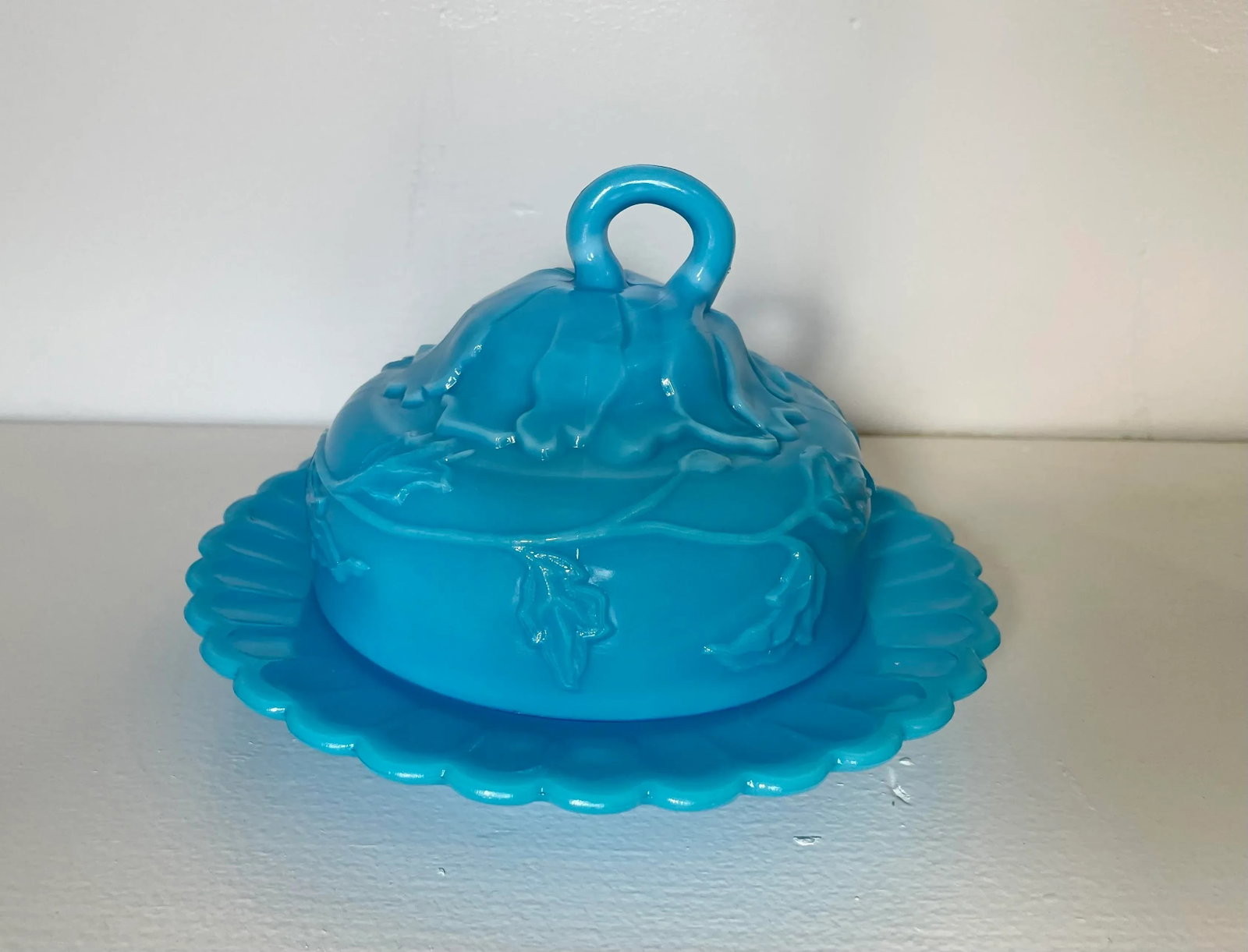 Vintage Turquoise Blue Milk Glass Butter-Cheese Dish - 5