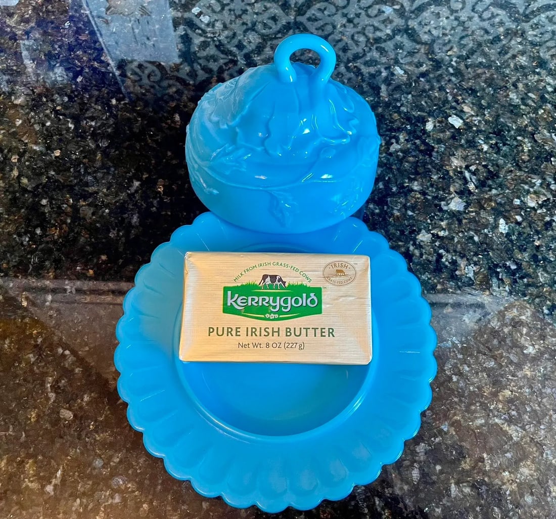 Vintage Turquoise Blue Milk Glass Butter-Cheese Dish - 7