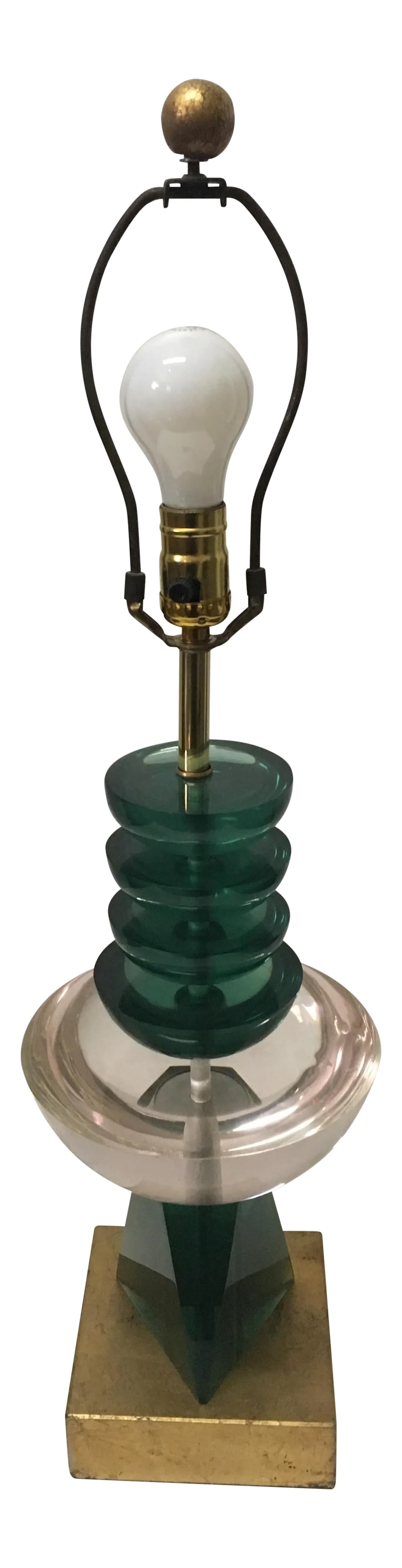 Lucite Table Lamp by Van Teal: Van Teal green lucite lamp with gold leaf base. It has been rewired and the lucite has been polished. It comes with the shade. Condition: Alterations: Restored Imperfections: Some Imperfections Condit