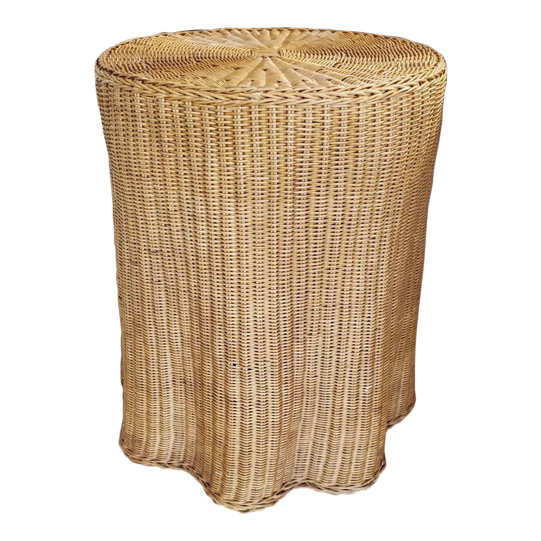 1980s Wicker Ghost Table: Vintage trompe l'oeil draped Wicker Ghost or ruffled occasional table in its original patina. Unique addition for your home. Condition: Alterations: Original Condition Unaltered Imperfections: Some