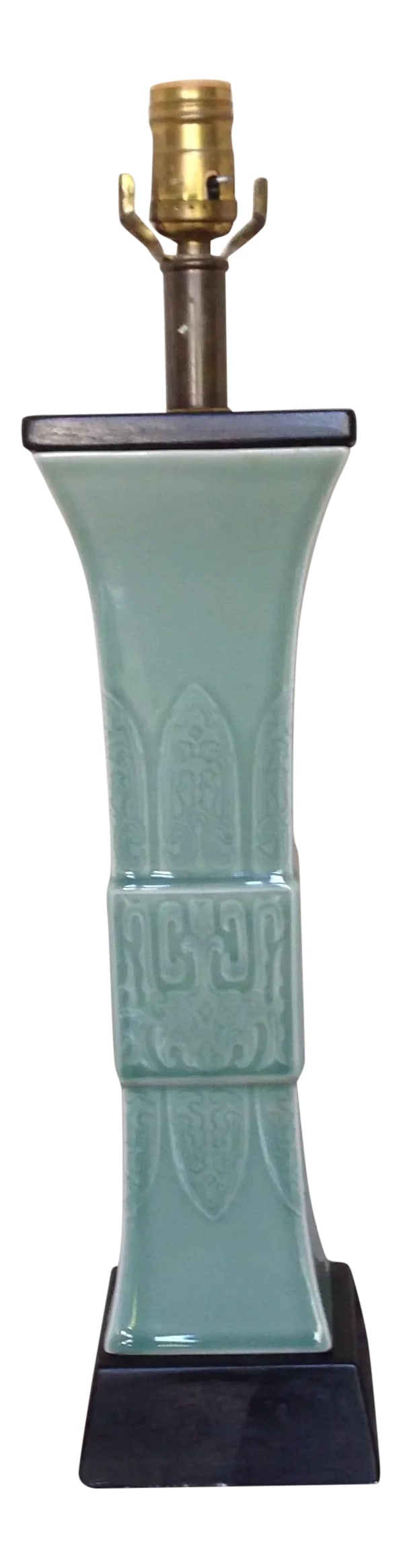 Vintage Chinese Embossed Celadon Porcelain Table Lamp: This vintage lamp is so versatile in color and style. Asian embossed porcelain with black base and top. Very clean lines. Condition: Condition Notes: Excellent - Minor wear consistent with age and