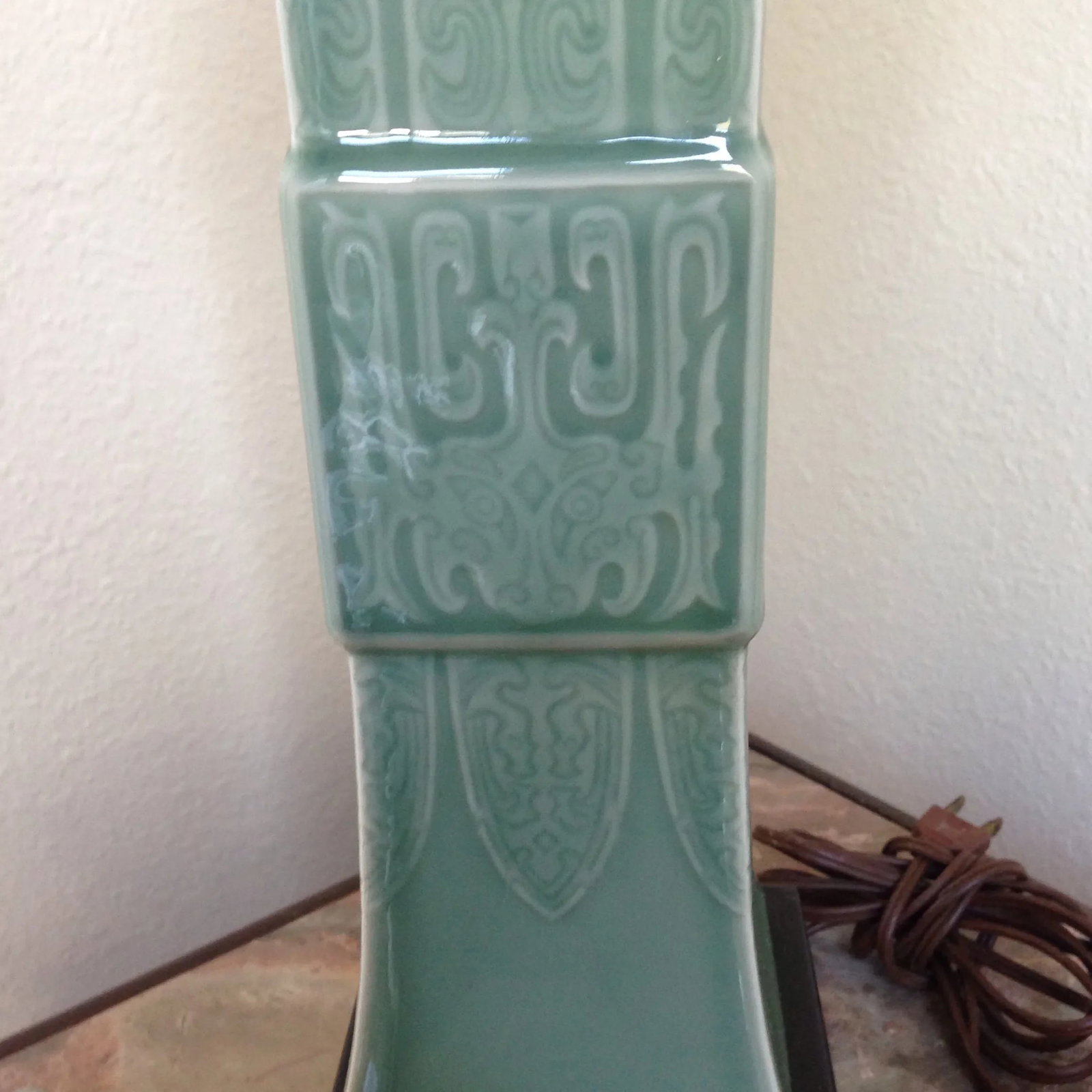 Vintage Chinese Embossed Celadon Porcelain Table Lamp - 3