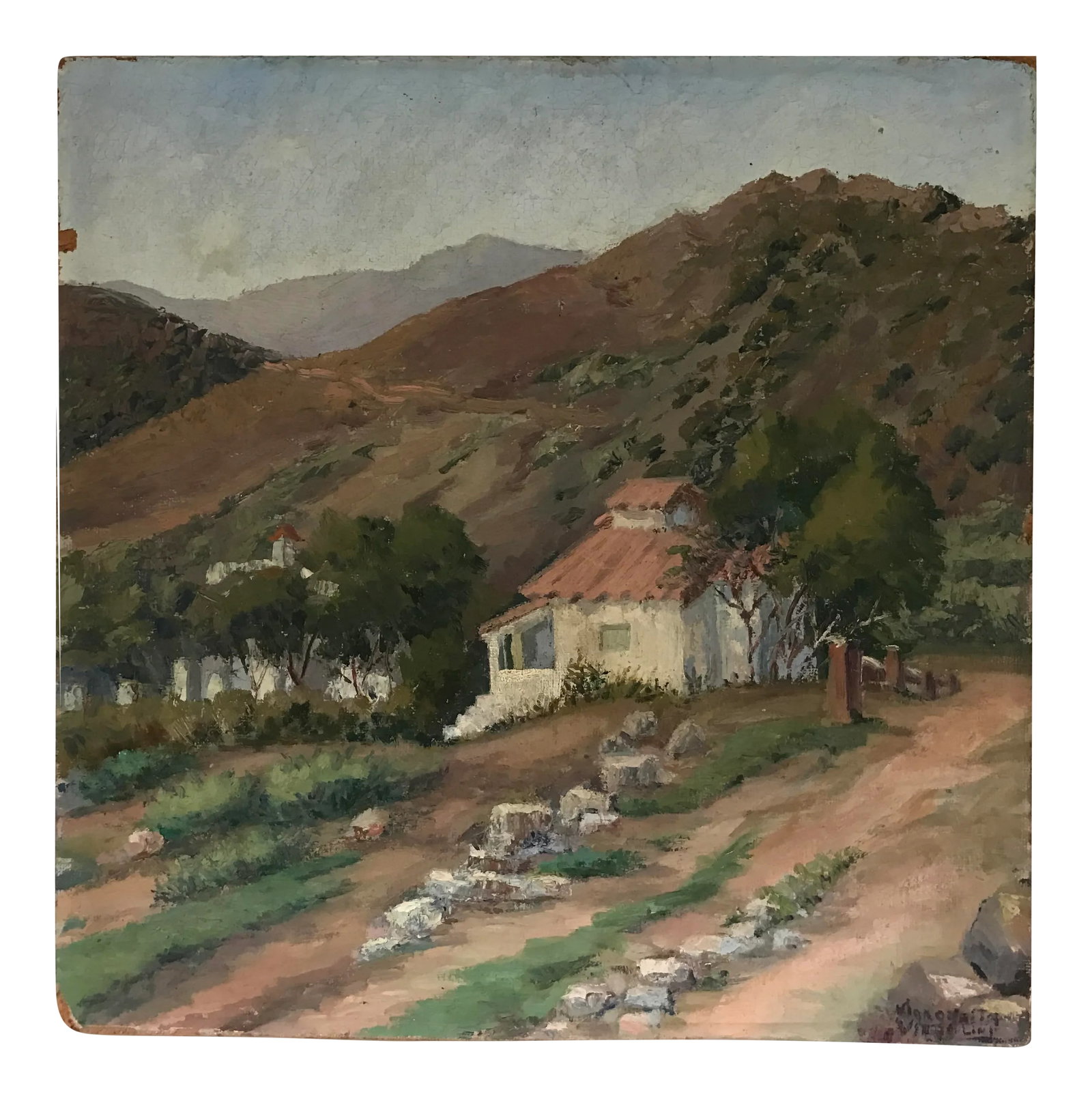 Margarita Virgolini "Argentina Countryside" Landscape Oil Painting: Oil painting of the Argentinian countryside. Signed Margarita Virgolini daughter of Argentinian painter father. Purchased in Buenos Aires, Argentina. Oil on board. Unframed and some wear on edges.