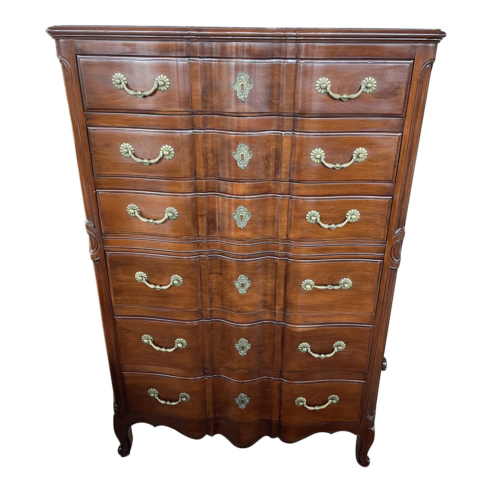 John Widdicomb French Provincial Style Dresser Tall Chest: Stunning French Provincial Style chest, circa 1960. Walnut. Excellent beautiufl condition. Amazing construction and quality. Chest is 54" tall x 36" wide x 21" deep. Condition: Alterations: Original