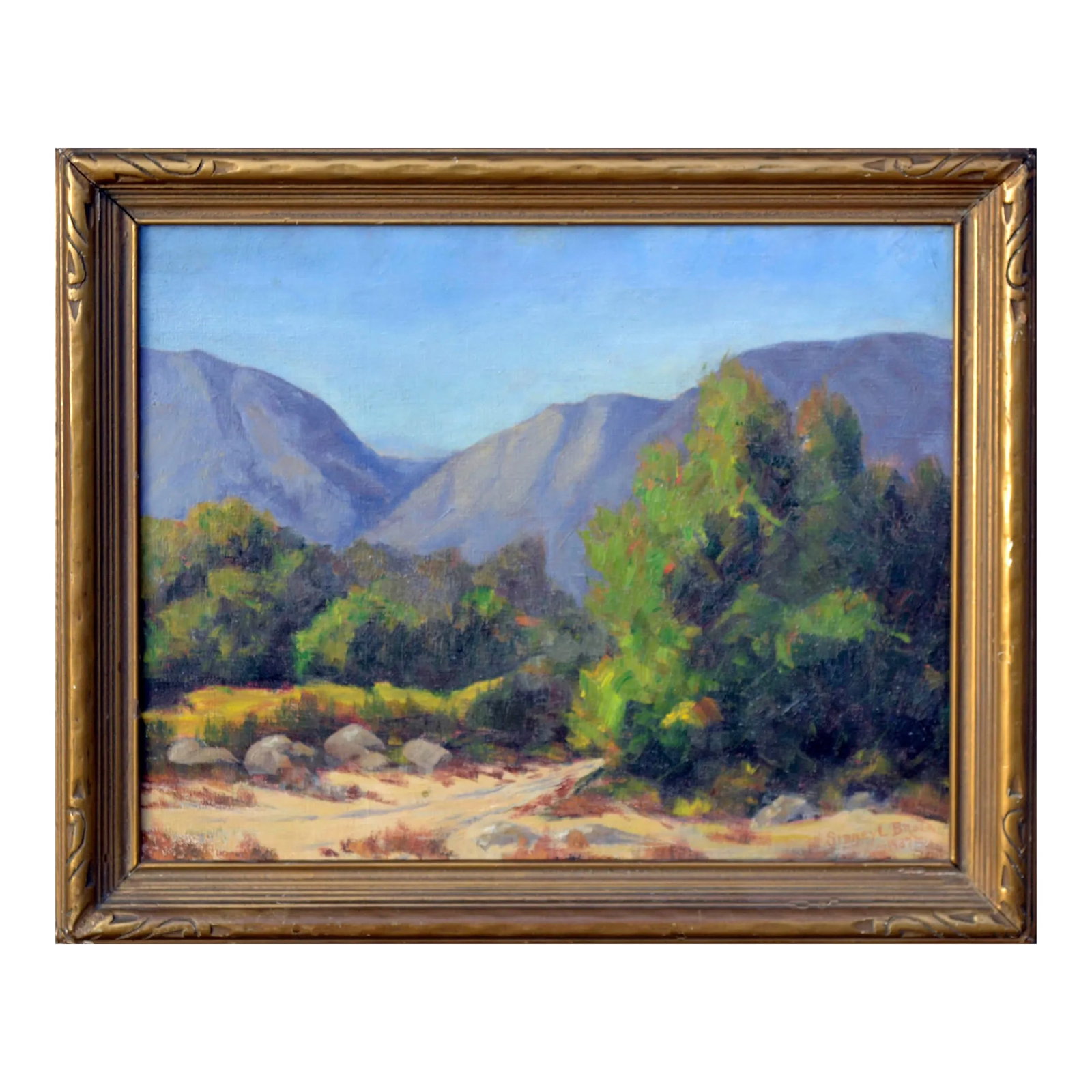 1930's California Mountain Trail Landscape by Sidney L. Brock: A beautiful 1930's landscape titled "Trail into California Mountains" by Oklahoman artist Sidney Lorenzo Brock (American, 1869-1943). Presented in a rustic giltwood frame. Signed "Sidney L. Brock"