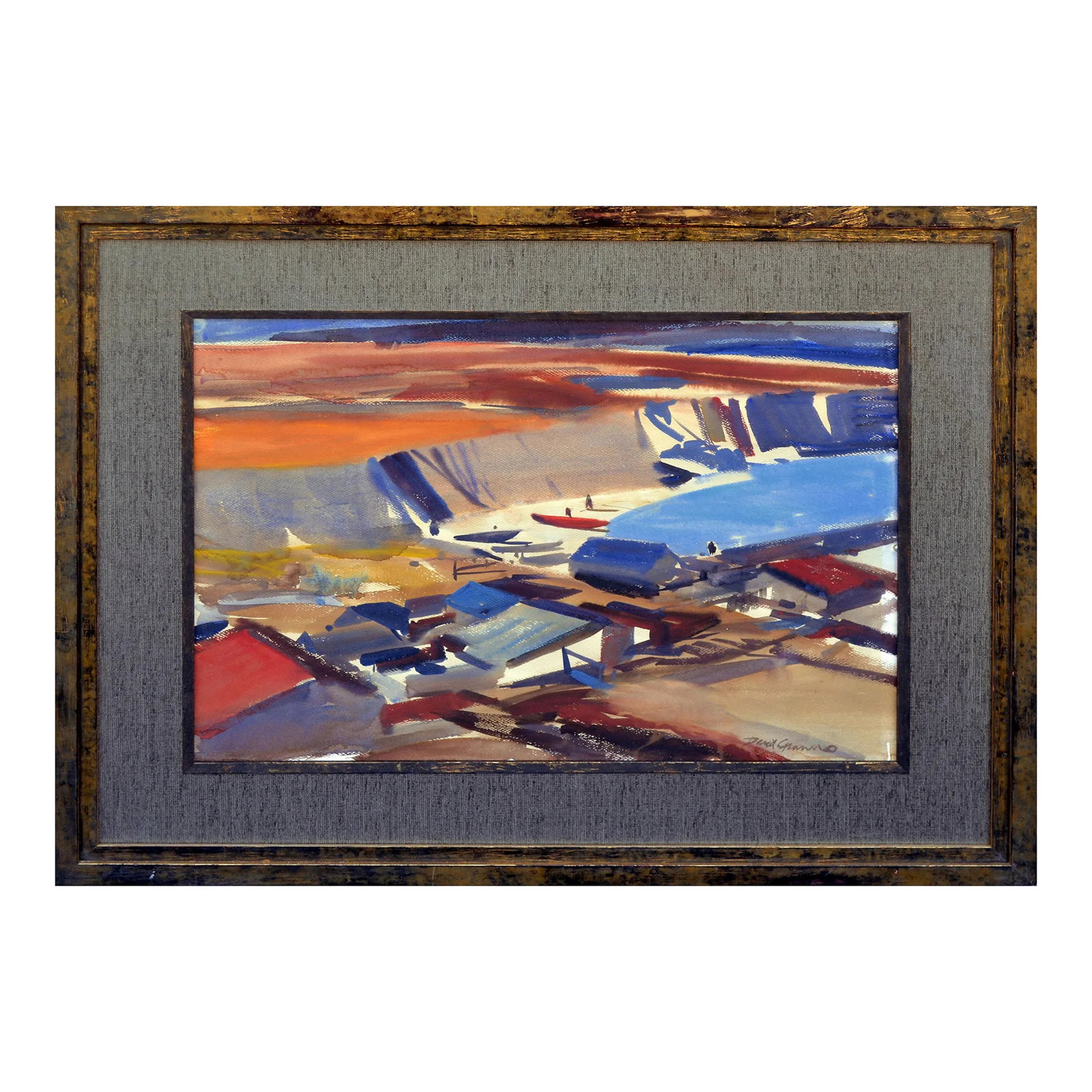 Mid Century California School Cove Landscape by David H. Granno: Substantial California School large abstracted landscape painting of a small fishing village in Northern California, with boats along the shore by David H. Granno (American, 20th century). Signed