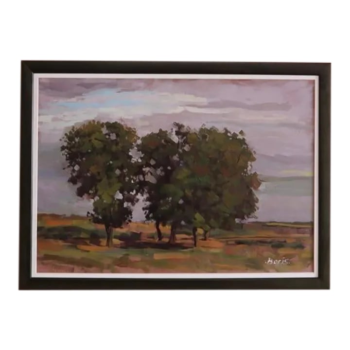 Vintage Boris Covali-Lepei Oil Painting: Landscape oil painting titled, "The Old Trees" by Boris Covali-Lepei. A beautiful blend of pastel and earth-tone brushstrokes depict a group of trees beneath an opening of clouds in the sky. Framed