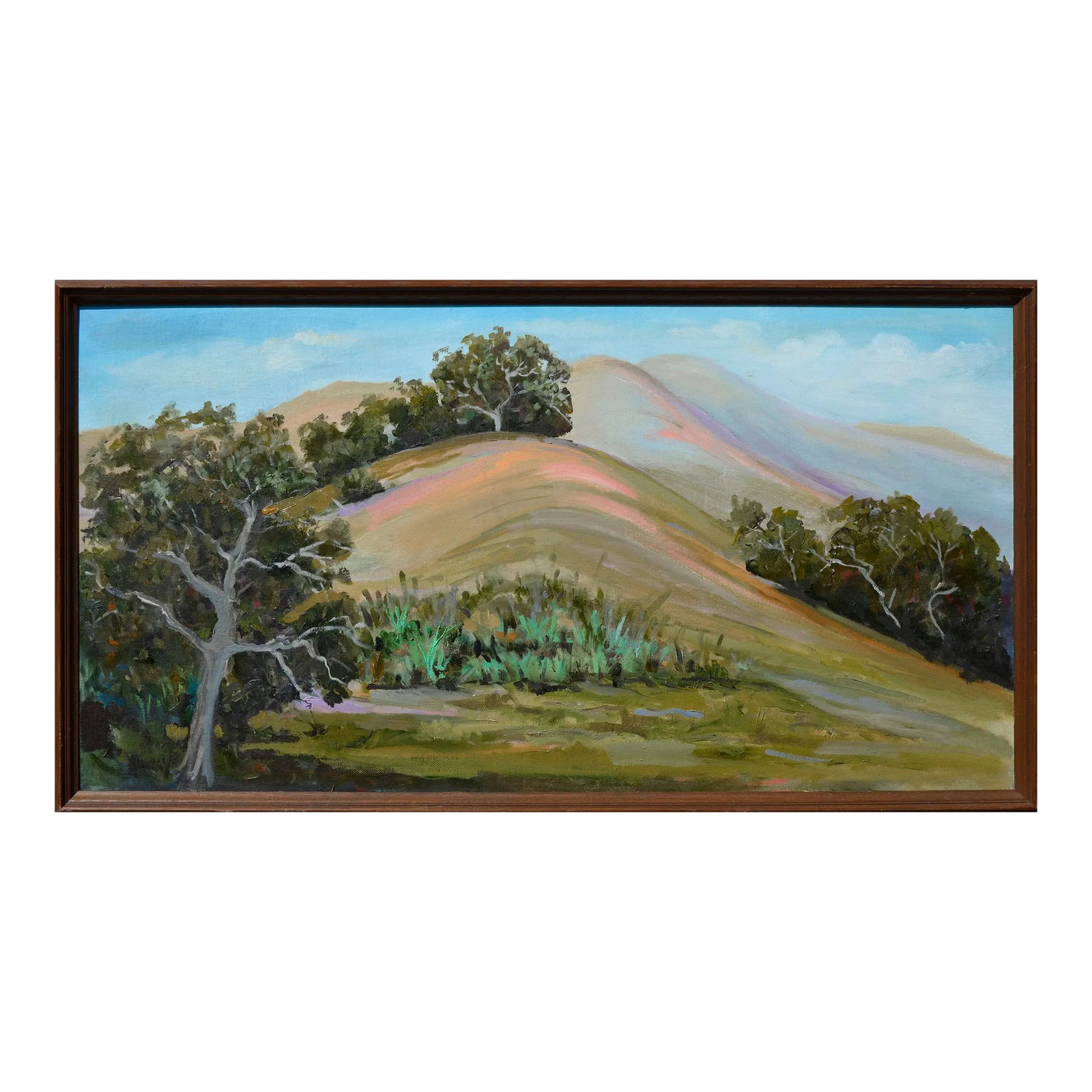 Big Sur Rolling Hills Landscape by Kathleen Murray: Sweeping Big Sur landscape of rolling hills in beautiful pastel colors illuminated with sunlight, by California artist Kathleen Murray (American, 1958). Oil on artists canvas board (trimmed down).