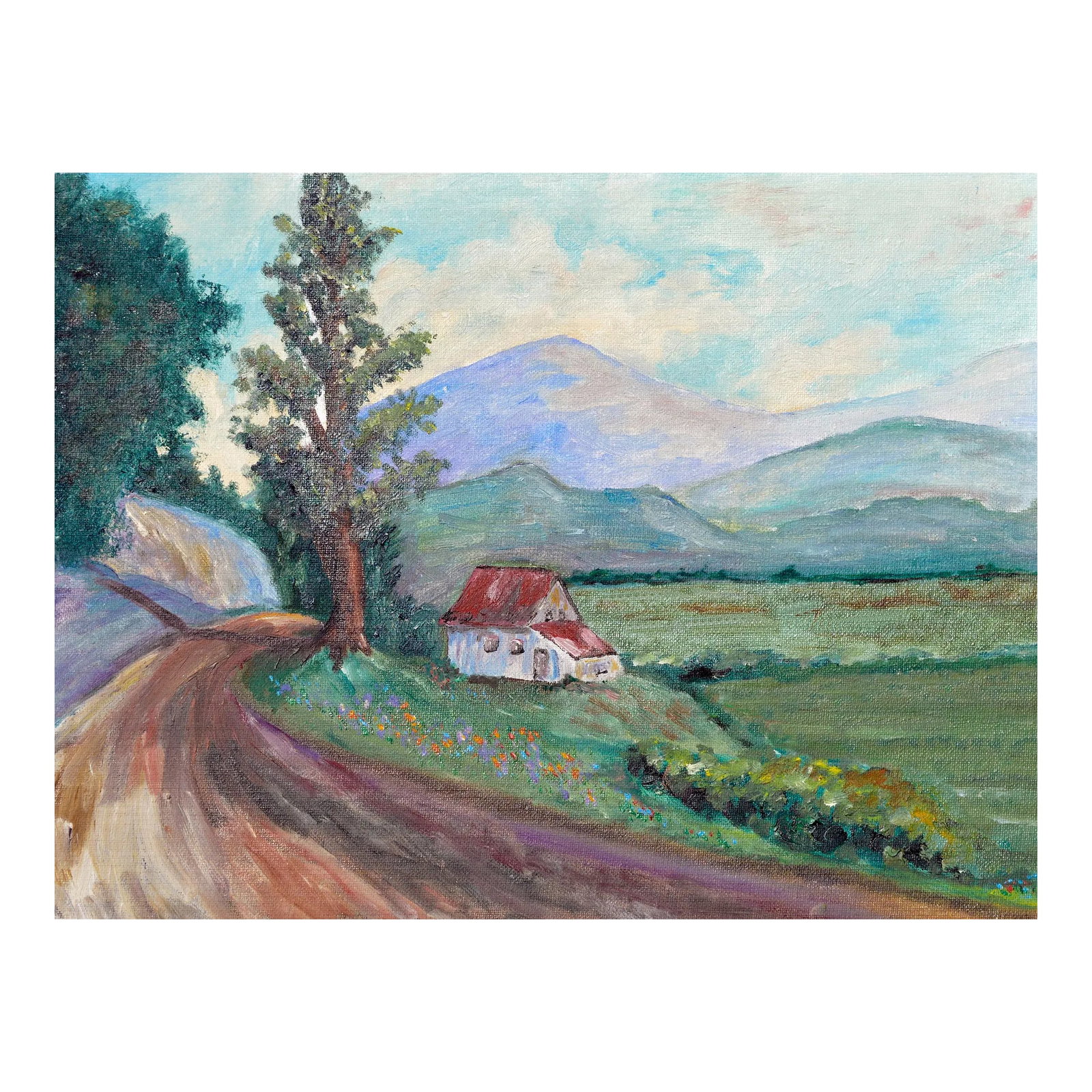 Country Home in Spring, Mid Century Pastoral Landscape With Wildflowers: Charming landscape of a house with a red roof on a tree lined country road, surrounded by a beautiful mountain setting with blooming spring wildflowers, by an unknown artist named Cora (American,
