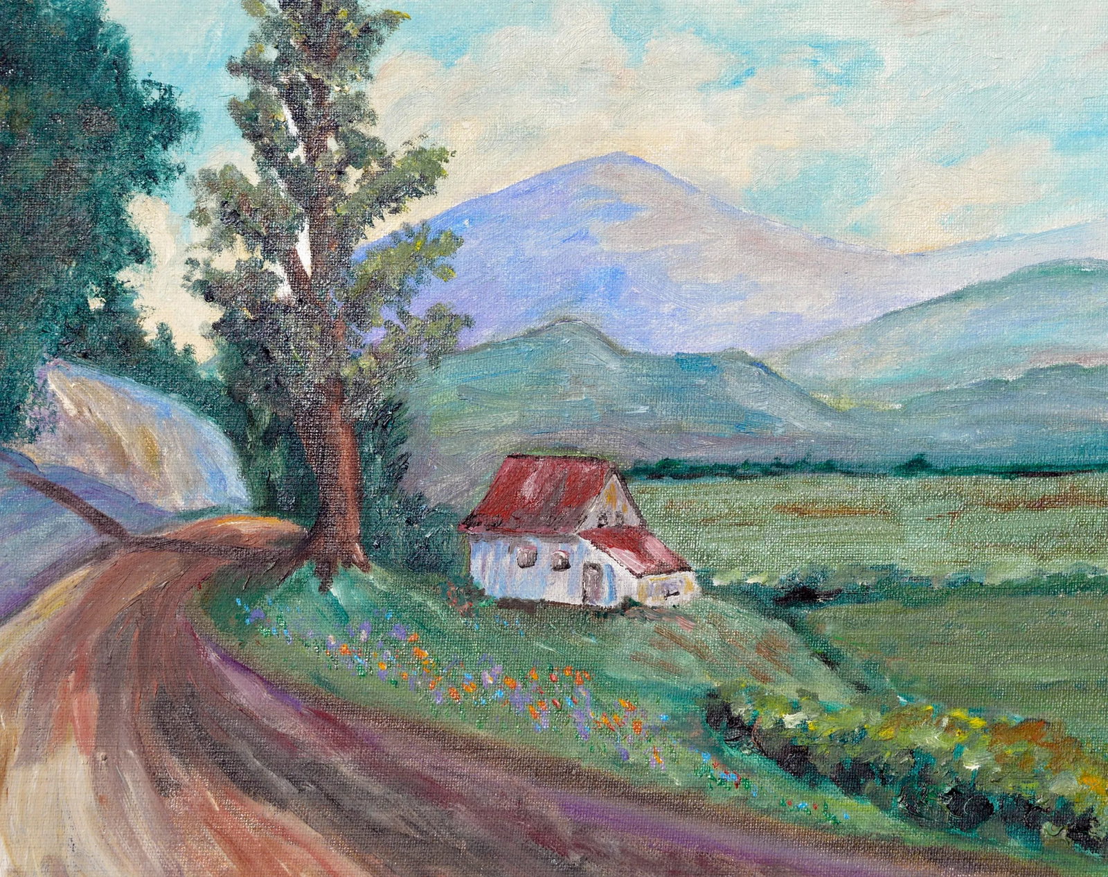 Country Home in Spring, Mid Century Pastoral Landscape With Wildflowers - 2