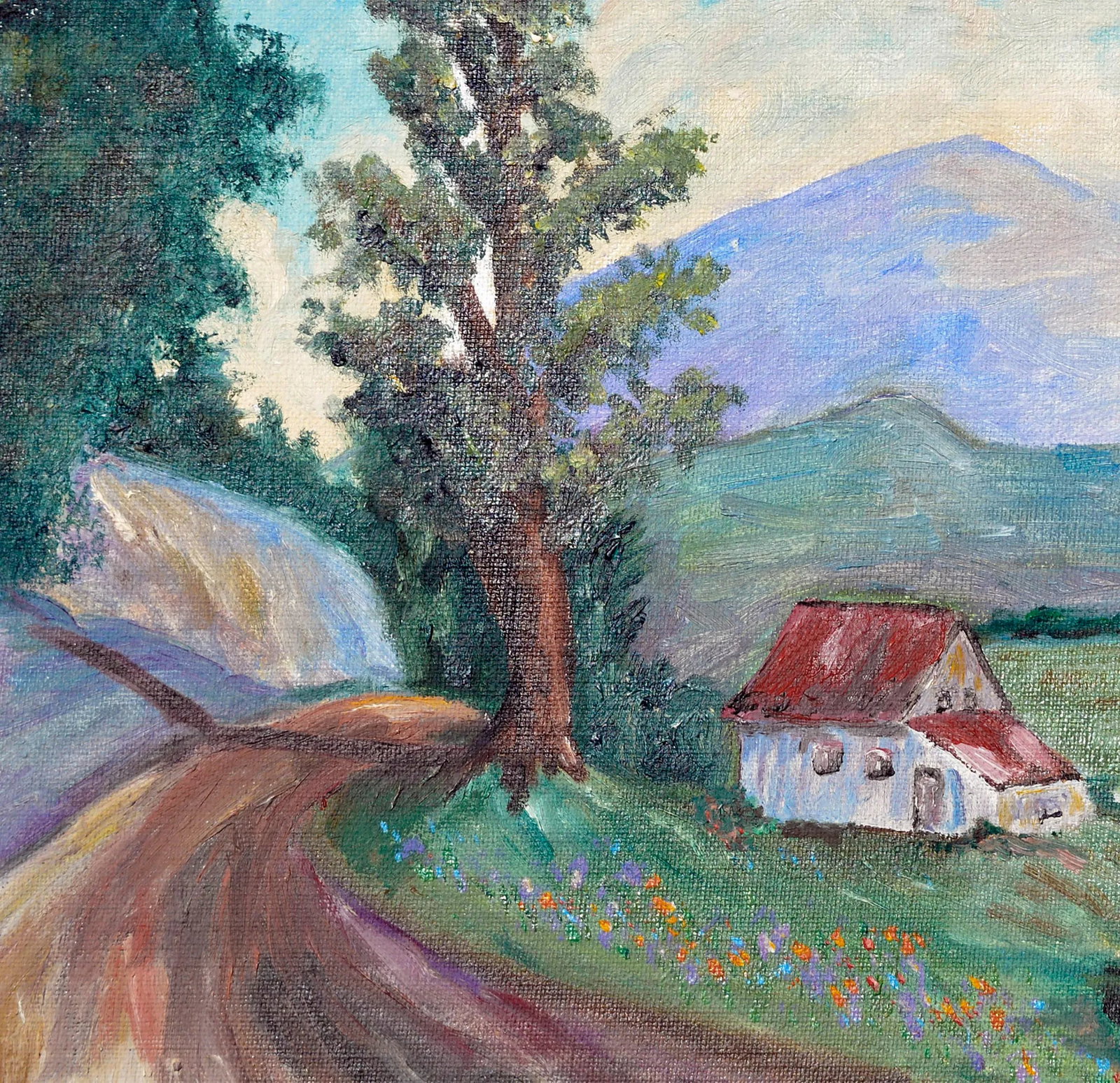Country Home in Spring, Mid Century Pastoral Landscape With Wildflowers - 3