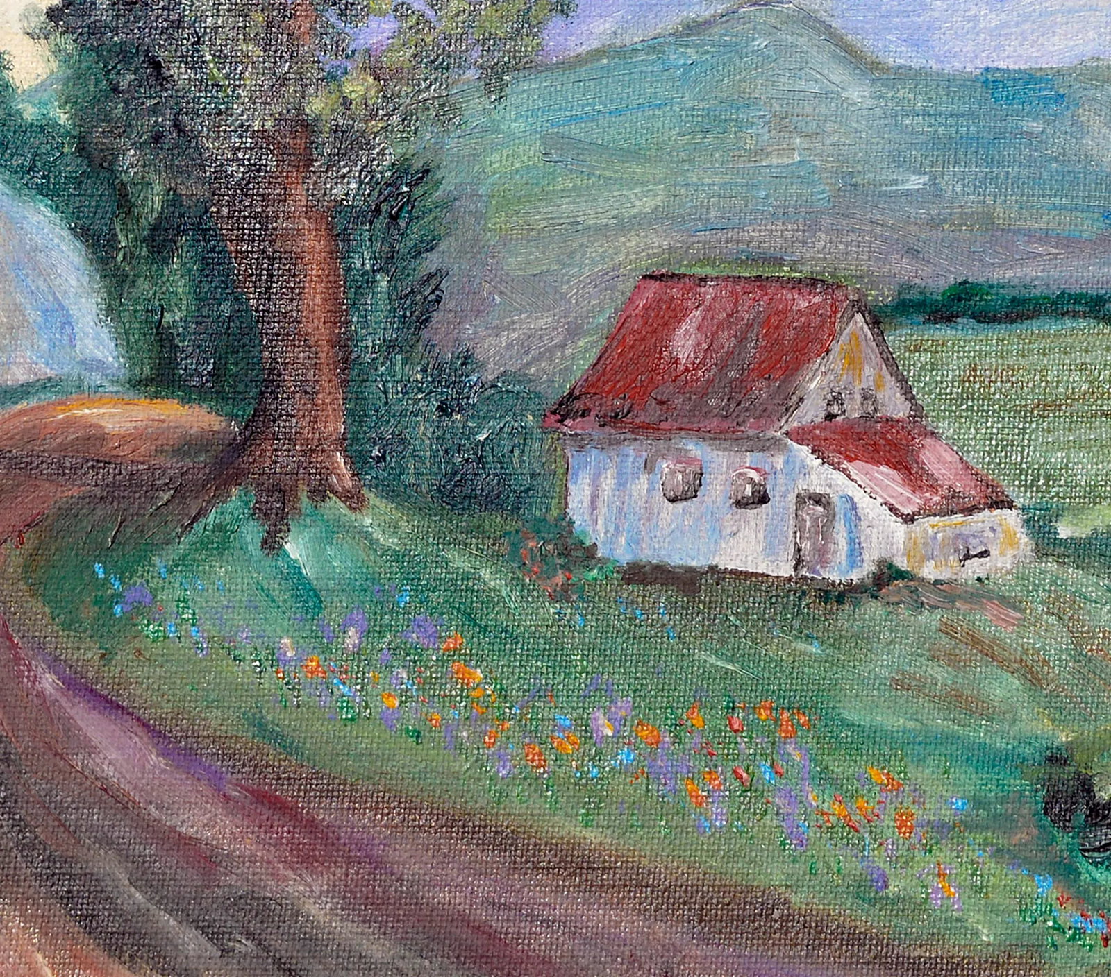 Country Home in Spring, Mid Century Pastoral Landscape With Wildflowers - 4