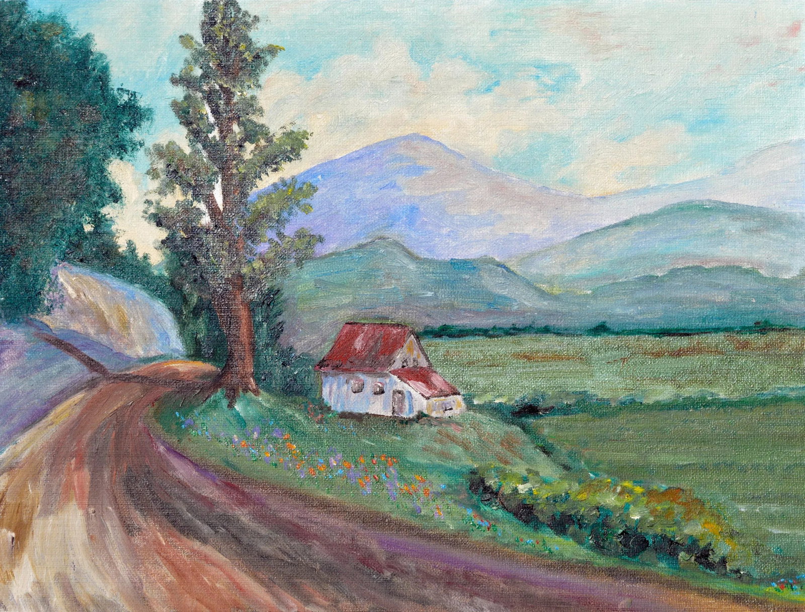 Country Home in Spring, Mid Century Pastoral Landscape With Wildflowers - 5