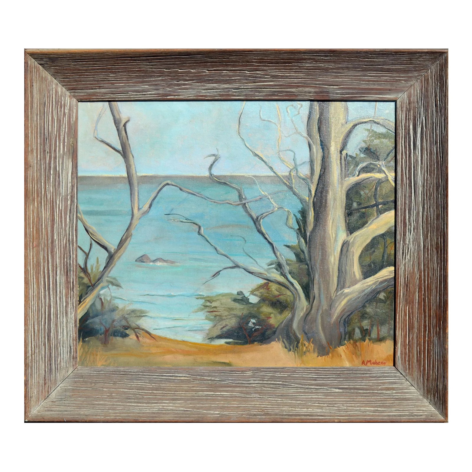 Vintage Monterey California Landscape -- Along the Shore by Alicia Meheen: Plein-air landscape painting of trees along the Monterey Bay, California by Carmel artist Alicia Meheen (American, 20th century). Signed "A. Meheen" lower right. Displayed in a wood frame. Image