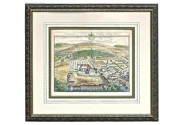 Antique Aerial Engraving of Hampton: This is an antique, 18th century English, aerial engraving of Hampton. Made out of ink on paper, glass, and wood. It is marked "Hampton the Seat of Phillip Shappard Esq., 237" at top with a shield cre