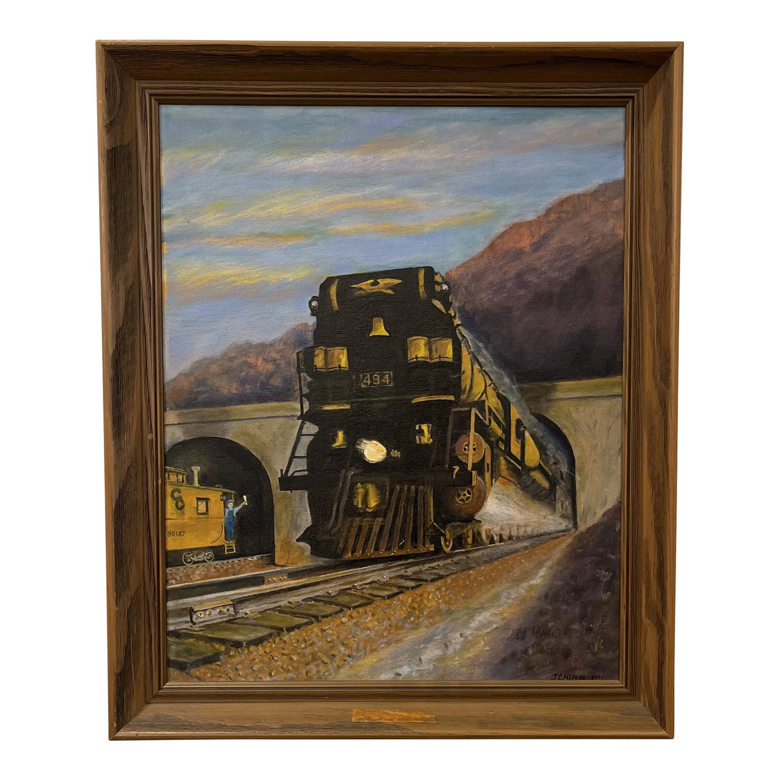 Realist Mountain Landscape With Train Painting by J. Nelson 1971 (1 of 9)