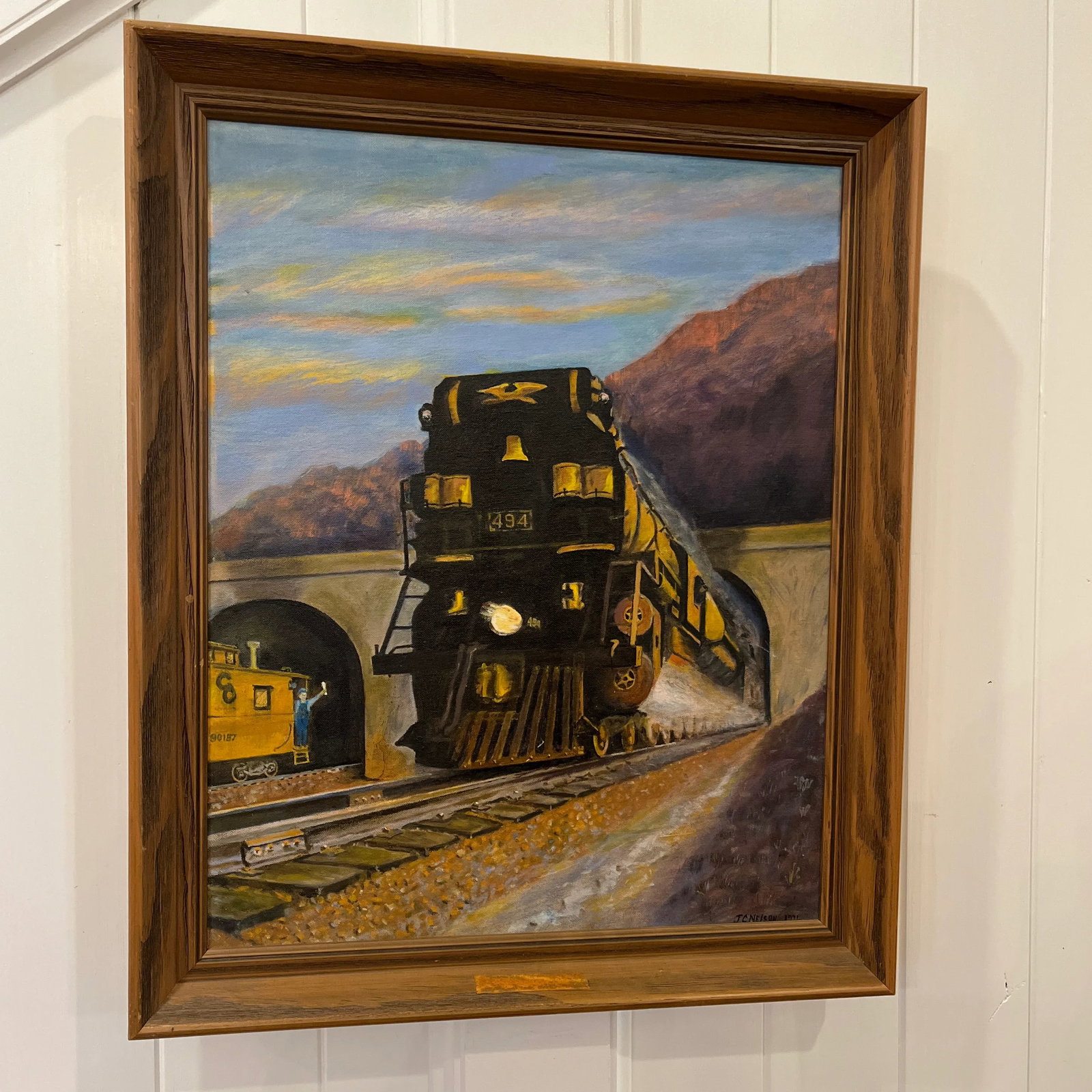 Realist Mountain Landscape With Train Painting by J. Nelson 1971 - 2