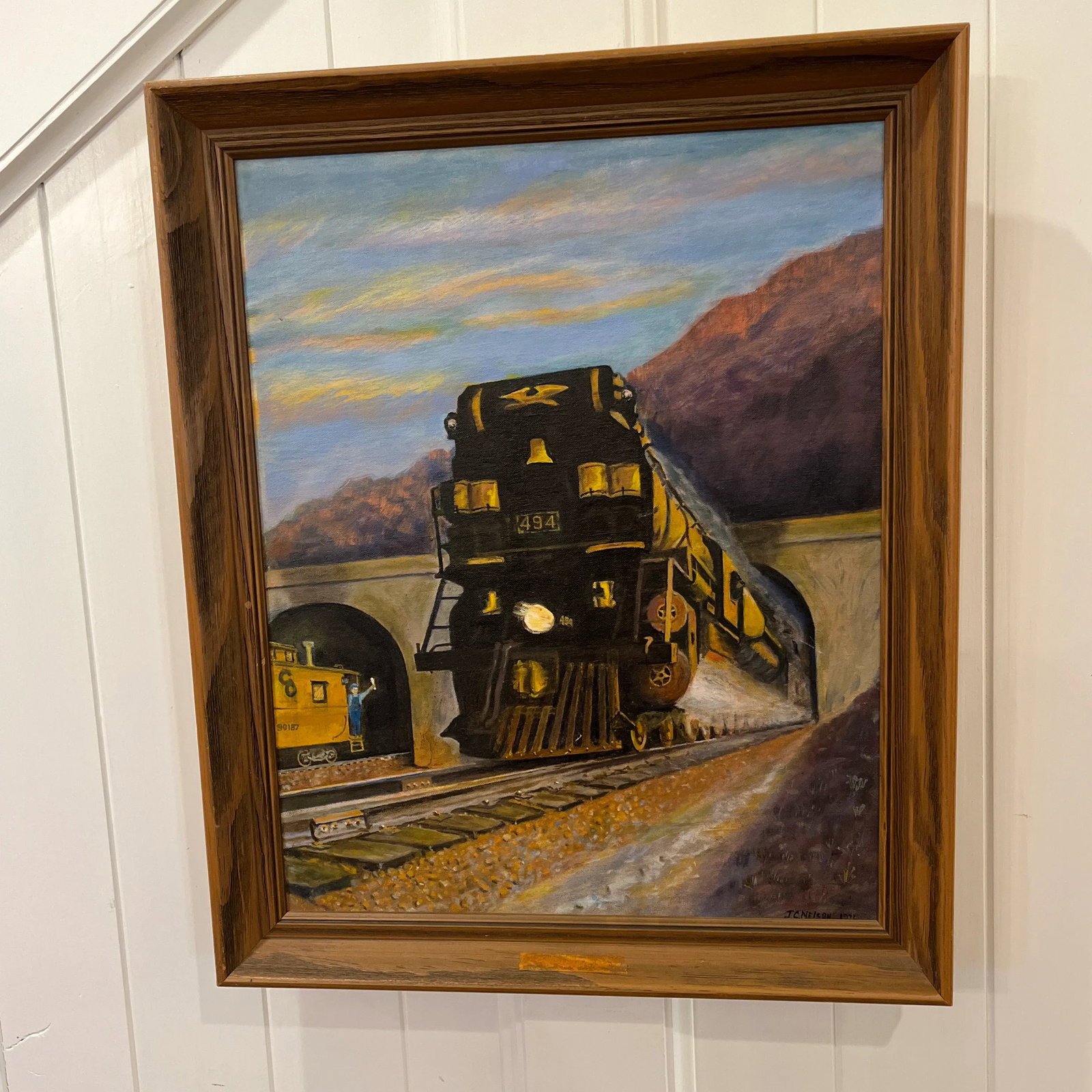 Realist Mountain Landscape With Train Painting by J. Nelson 1971 - 3